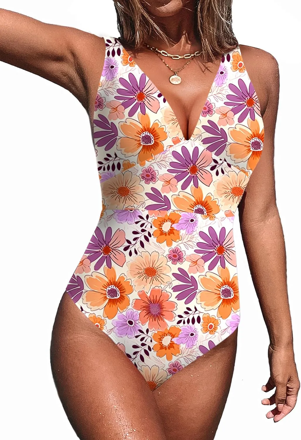 AI'MAGE Women One Piece Swimsuit Tummy Control V Neck Bathing Suits High Cut Adjustable Strap Monokini Swimwear S-XXL