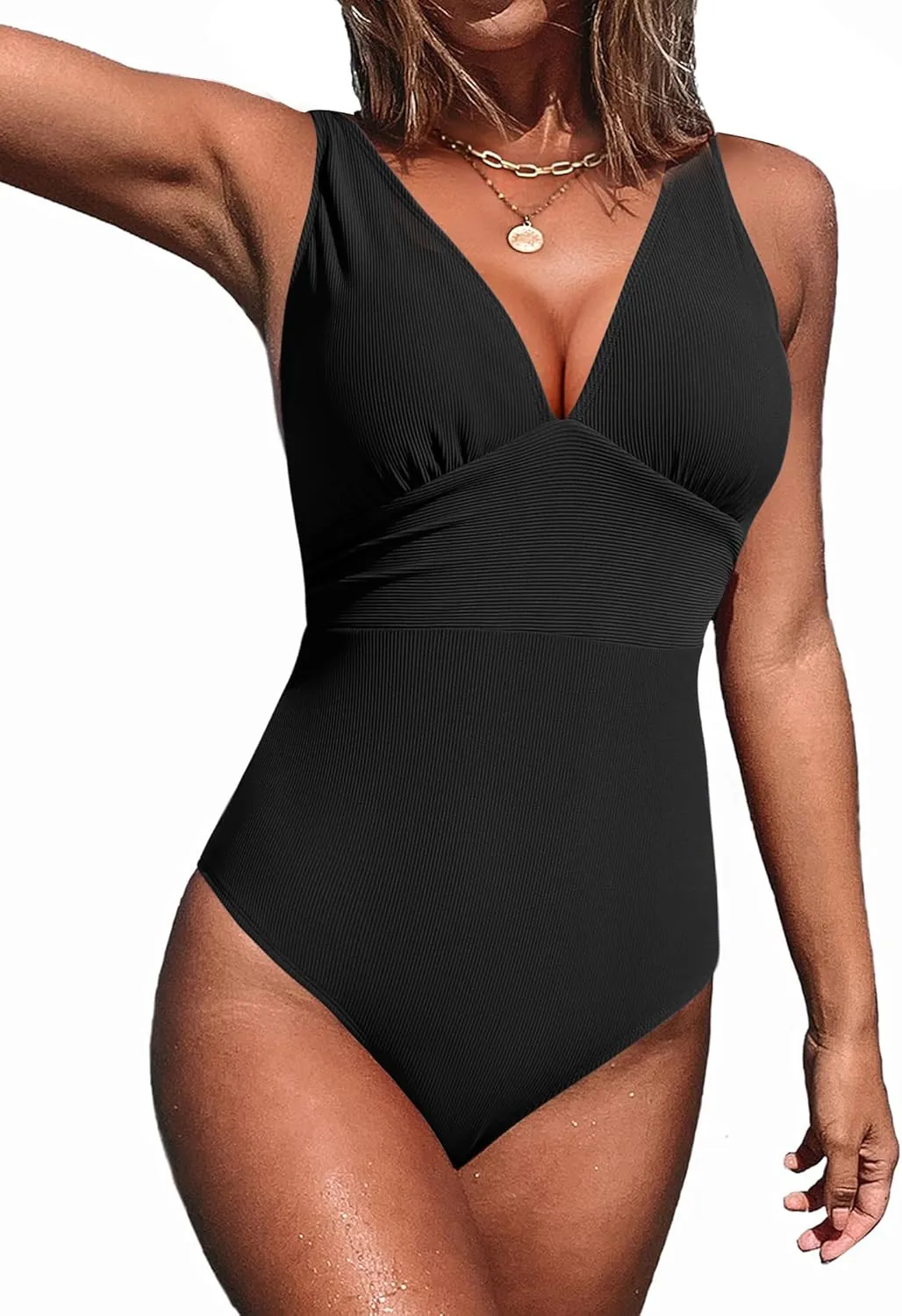 AI'MAGE Women One Piece Swimsuit Tummy Control V Neck Bathing Suits High Cut Adjustable Strap Monokini Swimwear S-XXL