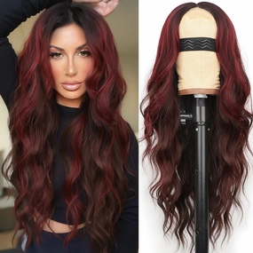 AISI HAIR Wig for Women, Long Wavy Brown Mixed Red Lace Hairline Middle Part Synthetic Heat Resistant Wig for Daily Party-26 Inch
