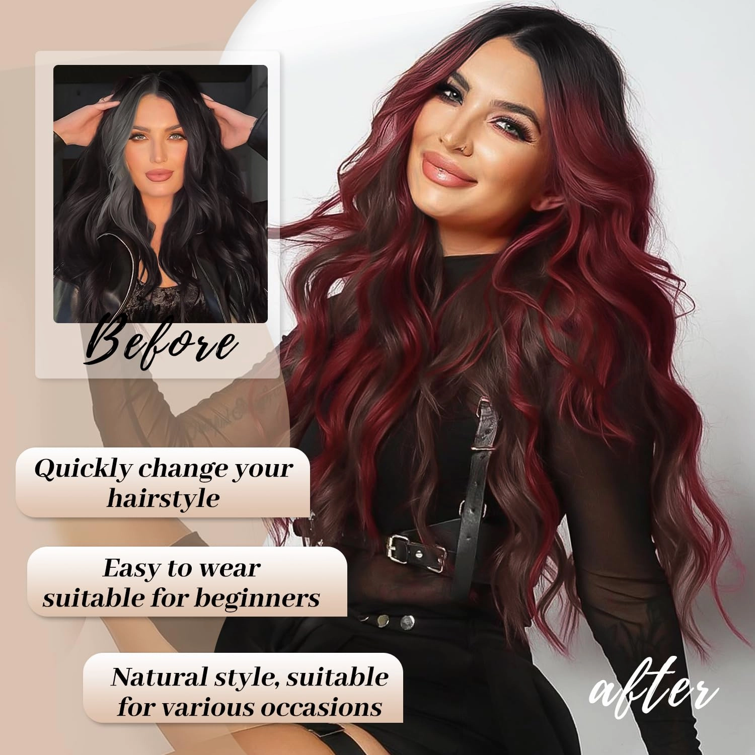 AISI HAIR Wig for Women, Long Wavy Brown Mixed Red Lace Hairline Middle Part Synthetic Heat Resistant Wig for Daily Party-26 Inch