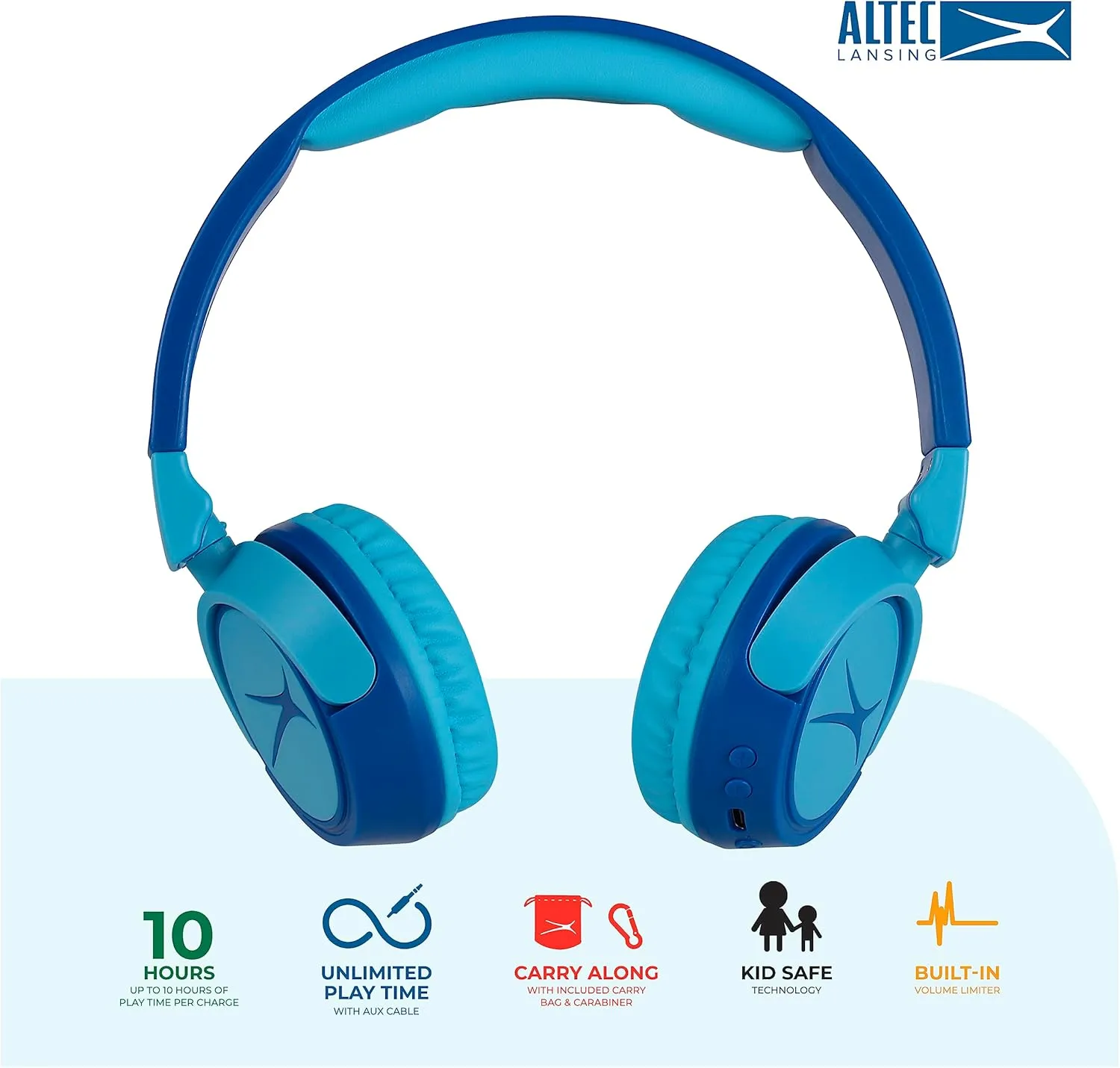 Altec Lansing Kid Safe 2-in-1 Wireless Bluetooth Headphones - Crystal Clear Sound, Safe Volume Limiting, Foldable Design - Enjoy Audio and Protect Your Child's Hearing