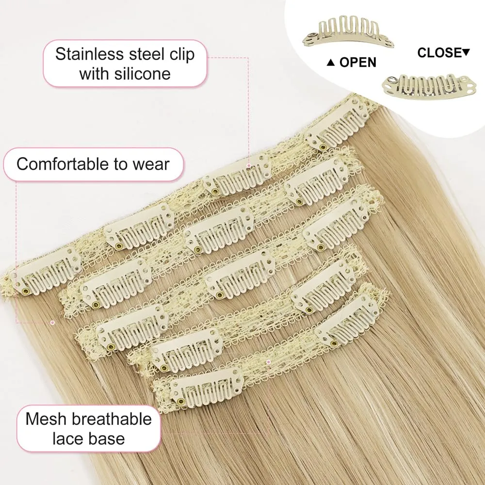 ALXNAN Clip in Hair Extensions, Long Stright Layered Hair Extensions for Women Ash Blonde Highlights Light Blonde 20 Inch Soft