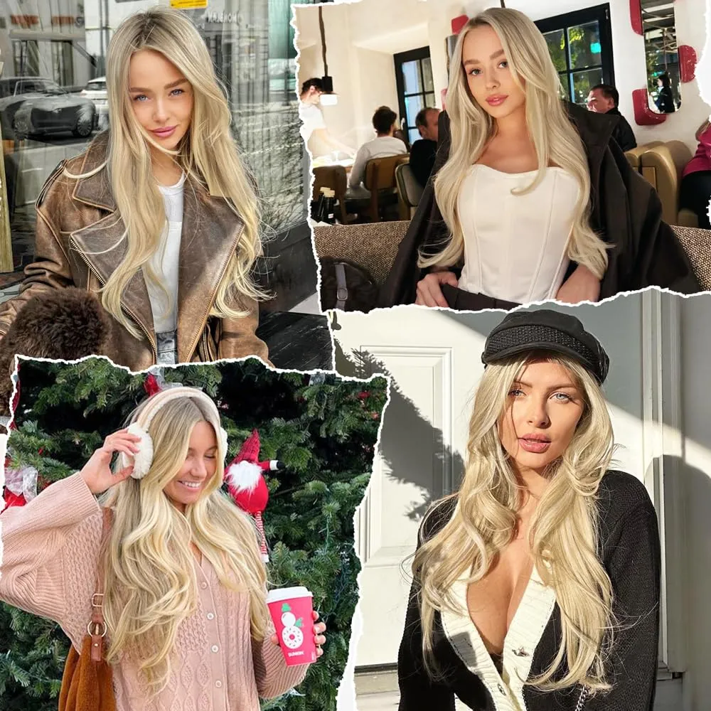 ALXNAN Clip in Hair Extensions, Long Stright Layered Hair Extensions for Women Ash Blonde Highlights Light Blonde 20 Inch Soft