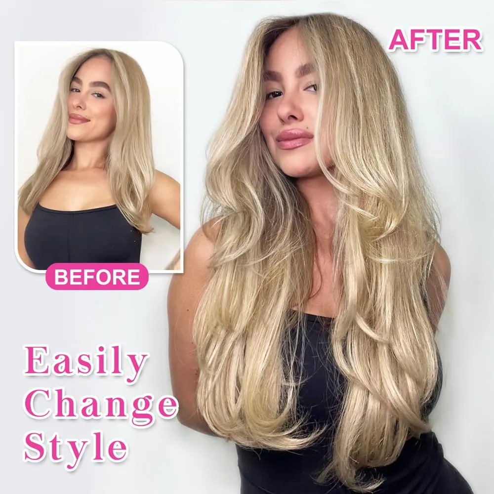 ALXNAN Clip in Hair Extensions, Long Stright Layered Hair Extensions for Women Ash Blonde Highlights Light Blonde 20 Inch Soft