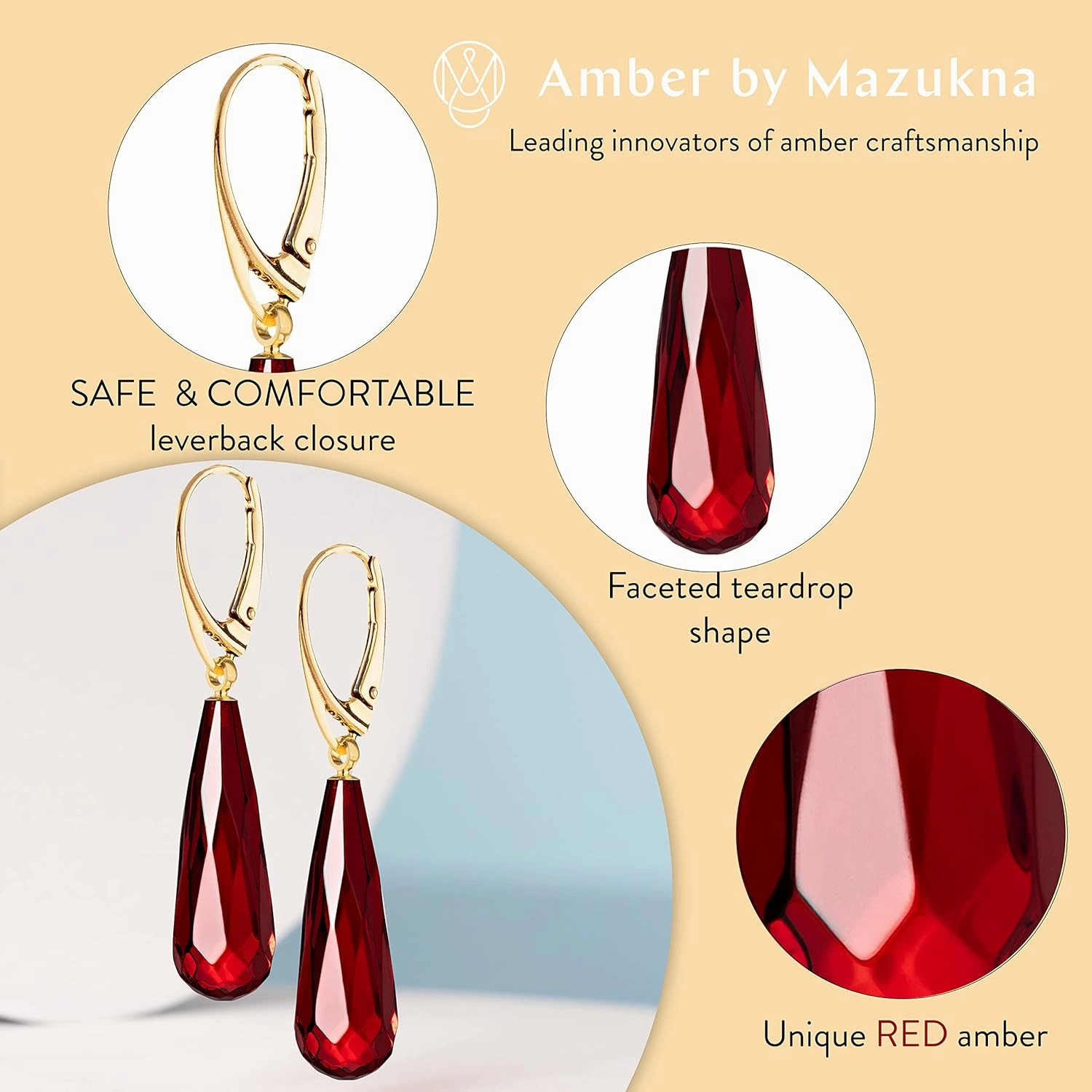 Amber Earrings for Women - Statement Gemstone Jewelry, Gold Plated Sterling Silver Leverback, Dangle Semi Precious Stone Ladies Earrings, Elegant Gift for Her