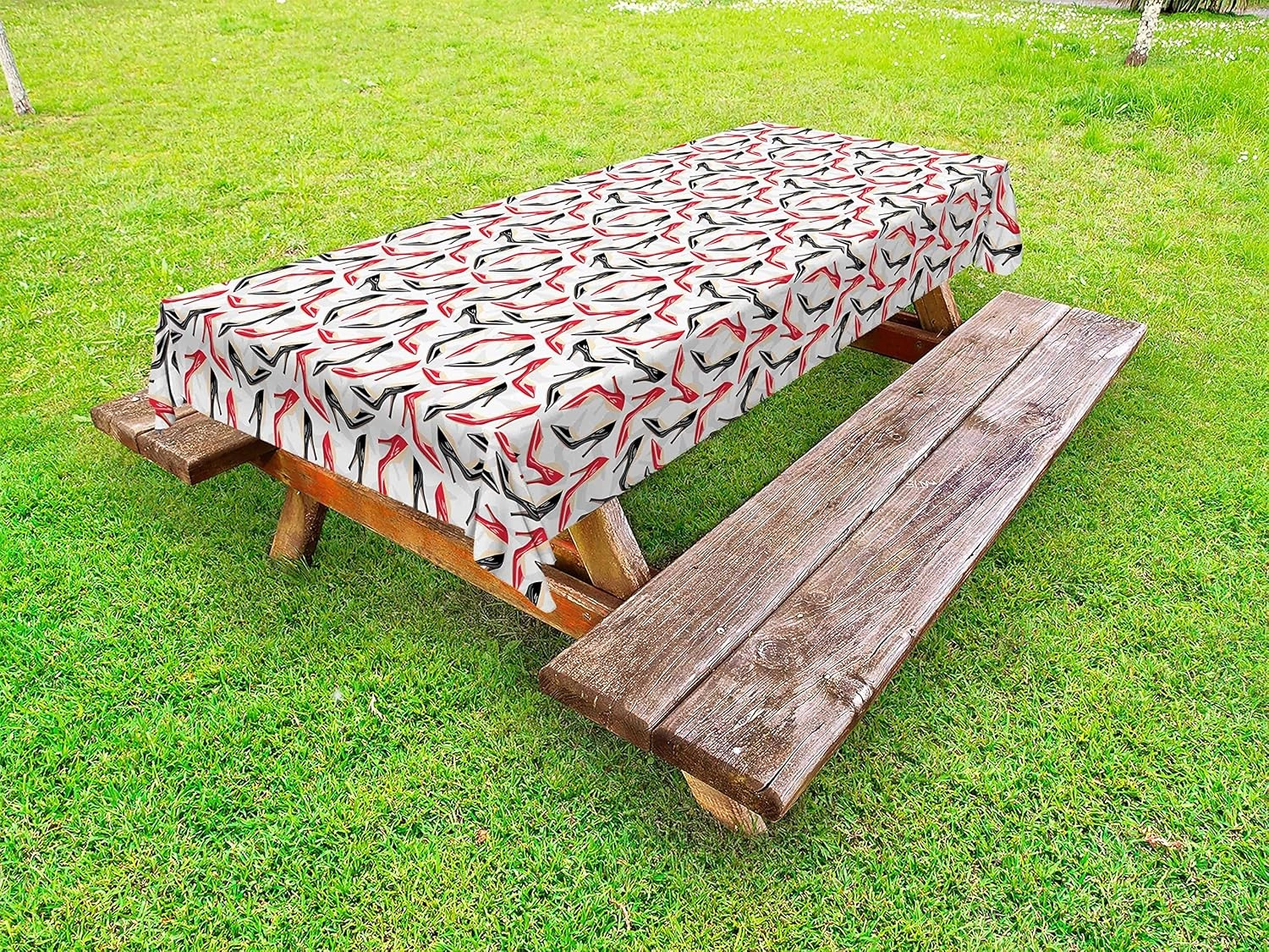 Ambesonne Red and Black Outdoor Tablecloth, Women Fashion Pattern with High Heel Stiletto Shoes Ladies Footwear, Decorative Washable Picnic Table Cloth, 58" X 104", Scarlet Black Beige