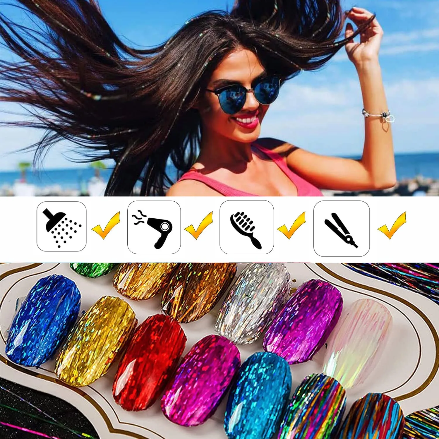 AMchoice Hair Tinsel Kit with Tools 16 Colors 8000 Strands Fairy Hair Tinsel Heat Resistant Sparkling Shiny Tinsel Hair Extensions 48 Inch Colorful Hair Tinsel strands Kit