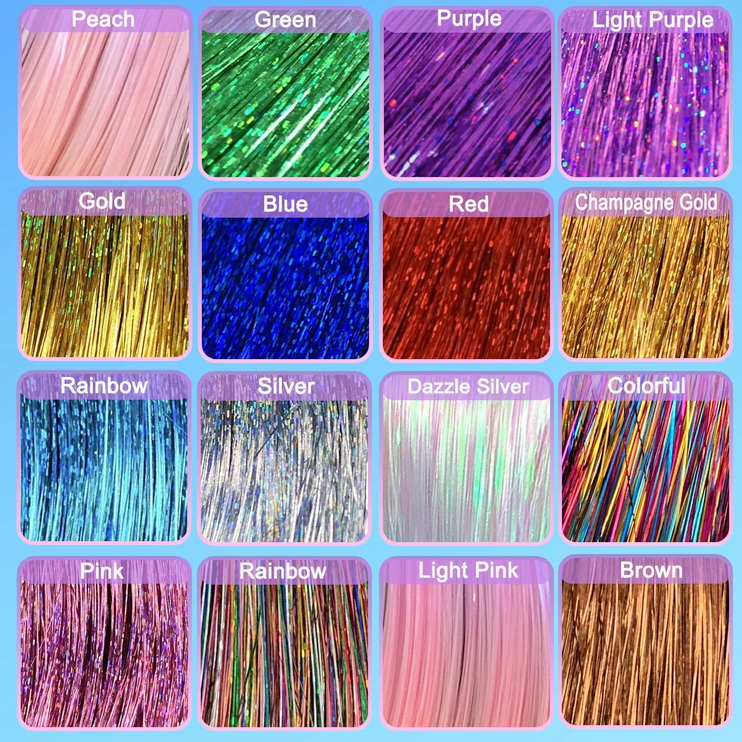AMchoice Hair Tinsel Kit with Tools 16 Colors 8000 Strands Fairy Hair Tinsel Heat Resistant Sparkling Shiny Tinsel Hair Extensions 48 Inch Colorful Hair Tinsel strands Kit