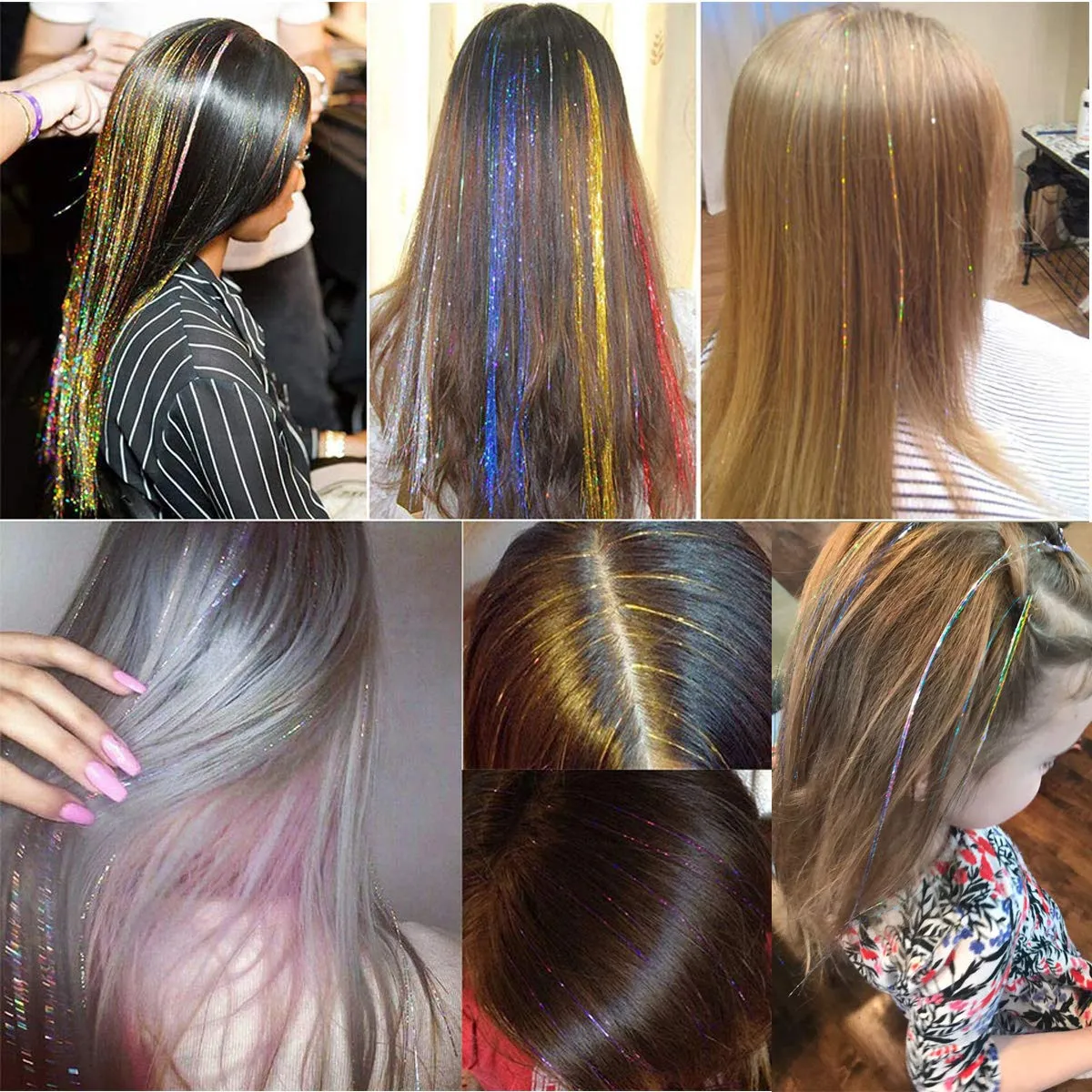 AMchoice Hair Tinsel Kit with Tools 16 Colors 8000 Strands Fairy Hair Tinsel Heat Resistant Sparkling Shiny Tinsel Hair Extensions 48 Inch Colorful Hair Tinsel strands Kit