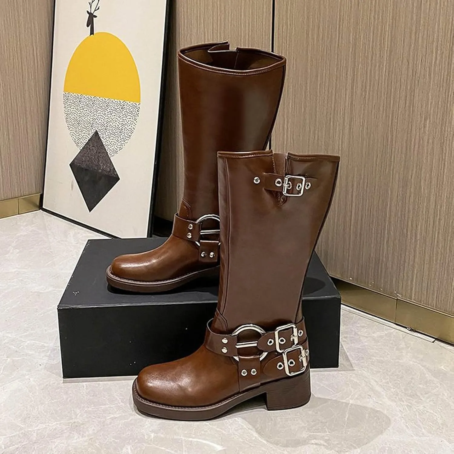 AMDBEL Wide Calf Boots for Women Low Heel Womens Fall Boots 2024 Slip On Motorcycle Leather Knee High Boots Winter Shoes