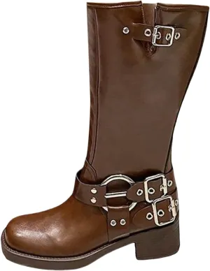AMDBEL Wide Calf Boots for Women Low Heel Womens Fall Boots 2024 Slip On Motorcycle Leather Knee High Boots Winter Shoes