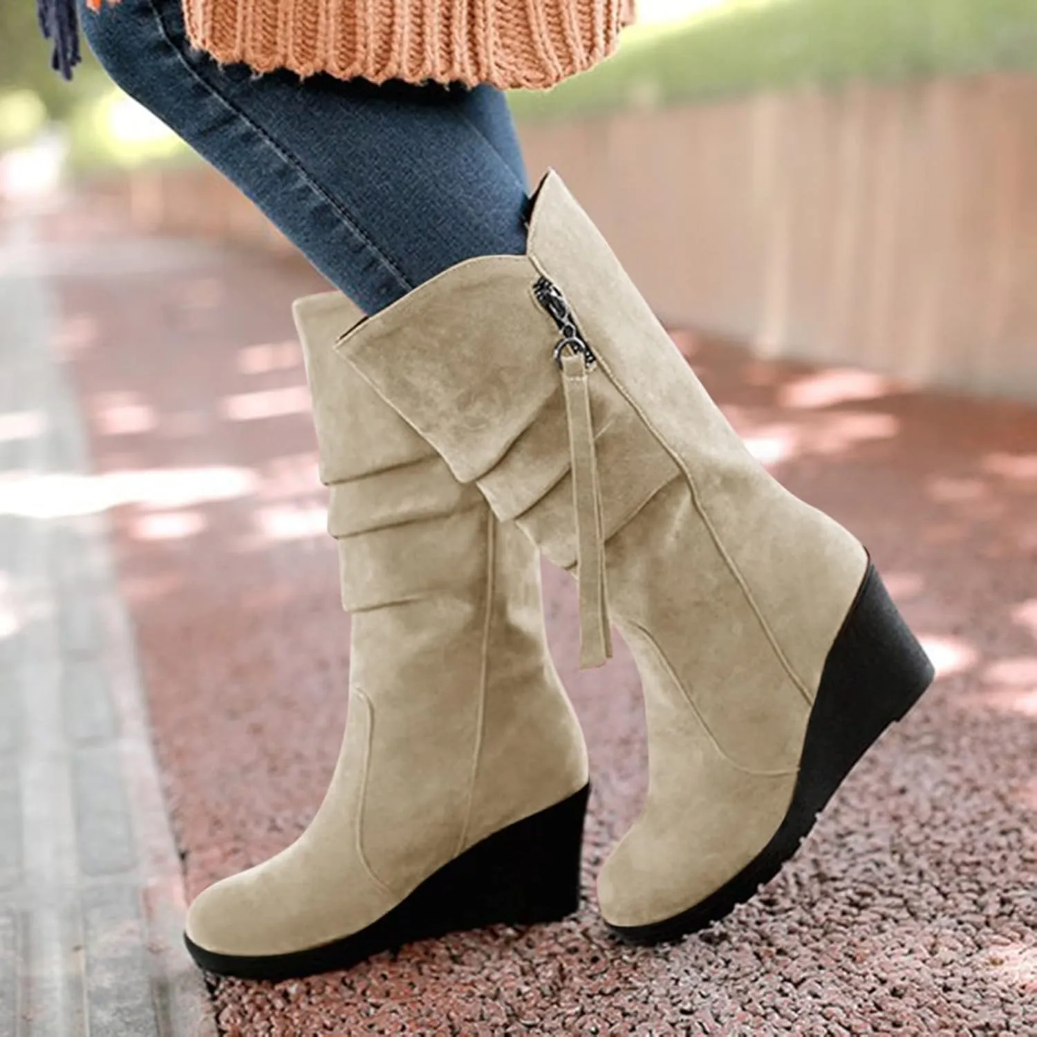AMDBEL Wide Calf Boots for Women Wedge Heel Womens Fall Boots 2024 Winter Zipper Platform Boots Fashion Booties Shoes