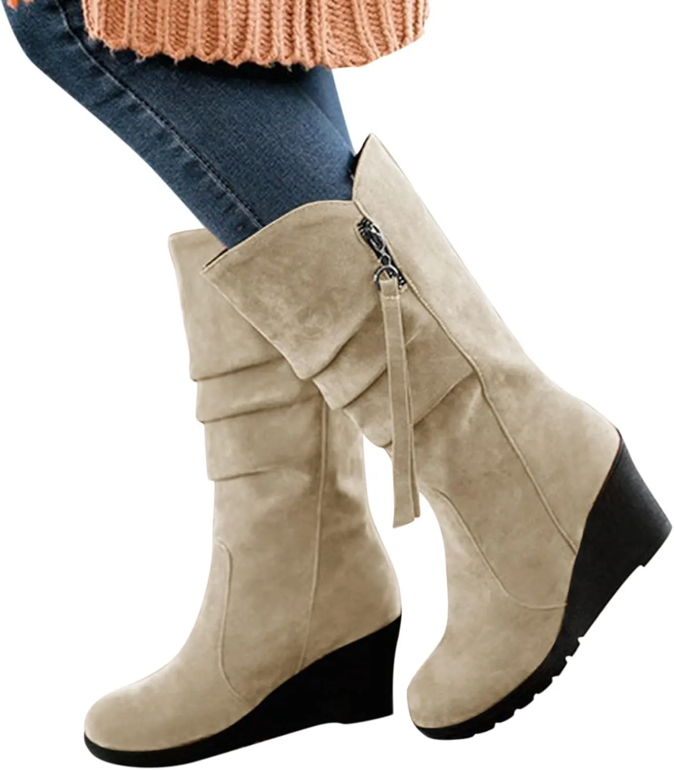 AMDBEL Wide Calf Boots for Women Wedge Heel Womens Fall Boots 2024 Winter Zipper Platform Boots Fashion Booties Shoes