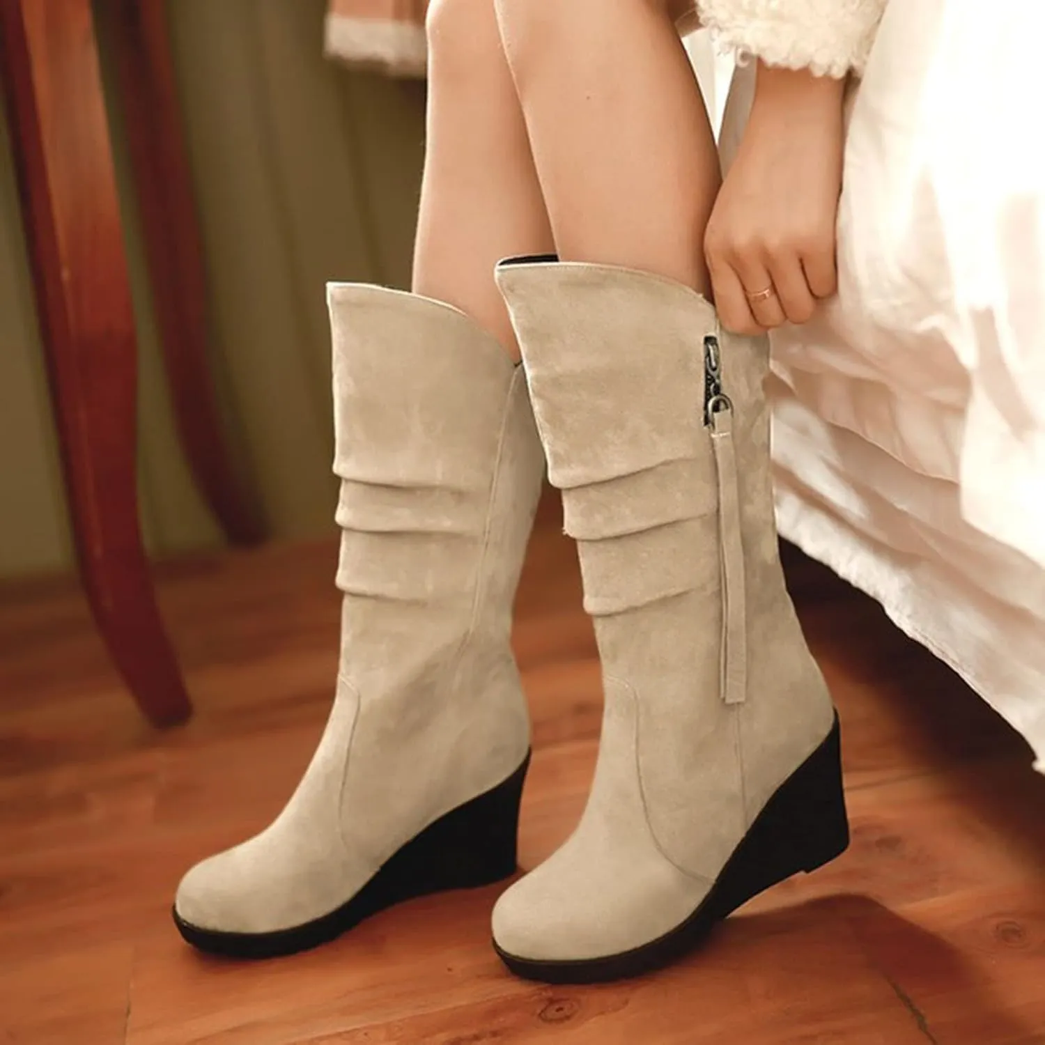 AMDBEL Wide Calf Boots for Women Wedge Heel Womens Fall Boots 2024 Winter Zipper Platform Boots Fashion Booties Shoes