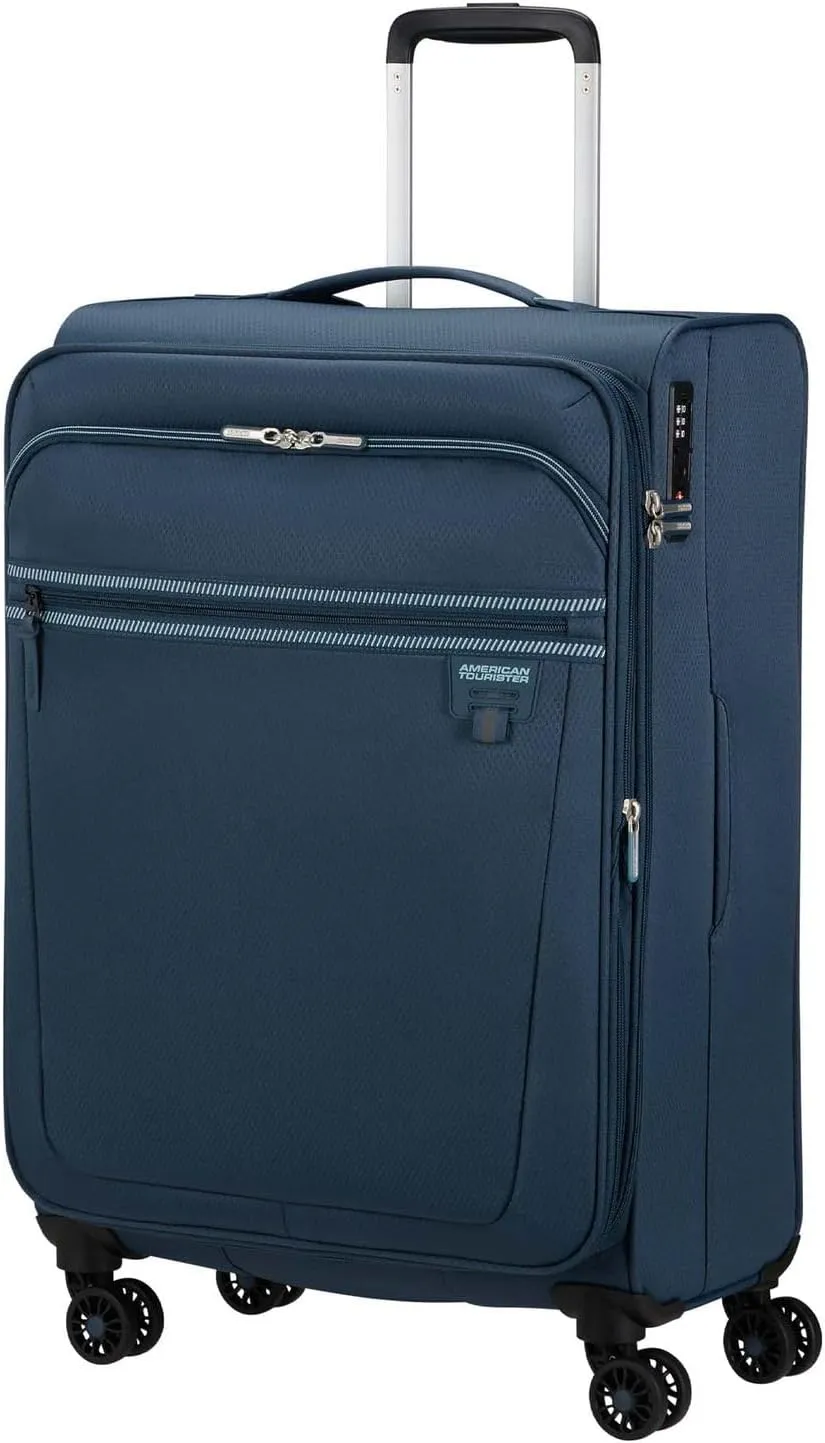 American Tourister Soft trolley medium expandable with 4 swivel wheels and integrated closure with 3 digit combination with TSA function. Features a large main compartment, el straps, 1438 Indigo, M,