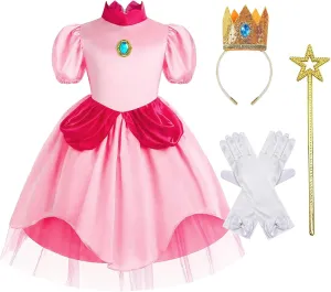 AmzMach Princess Peach Costume for Girls Classic Pink Dress Cosplay Halloween Party Dress Up Kids Birthday Outfit 3-12 Years