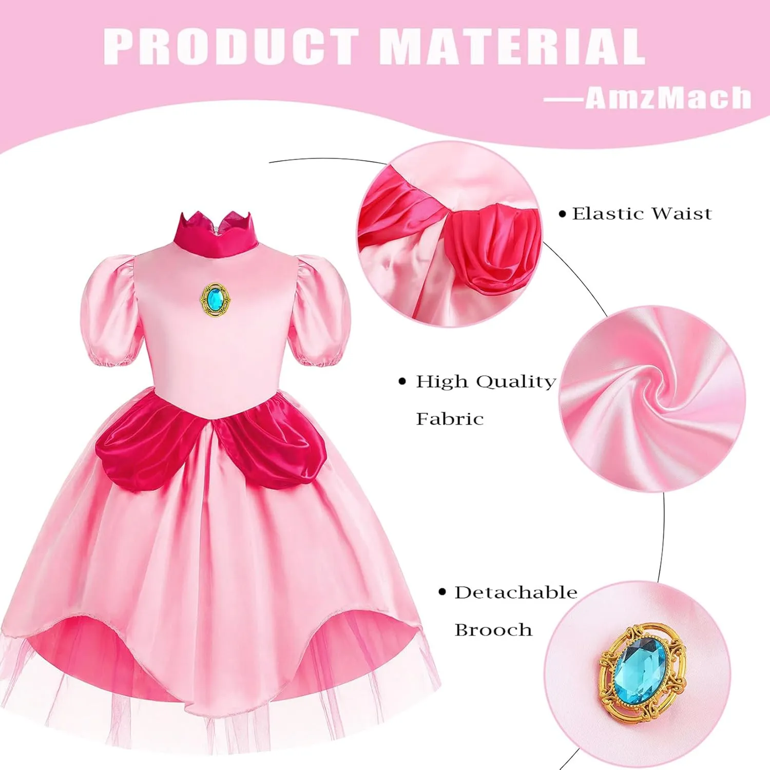 AmzMach Princess Peach Costume for Girls Classic Pink Dress Cosplay Halloween Party Dress Up Kids Birthday Outfit 3-12 Years