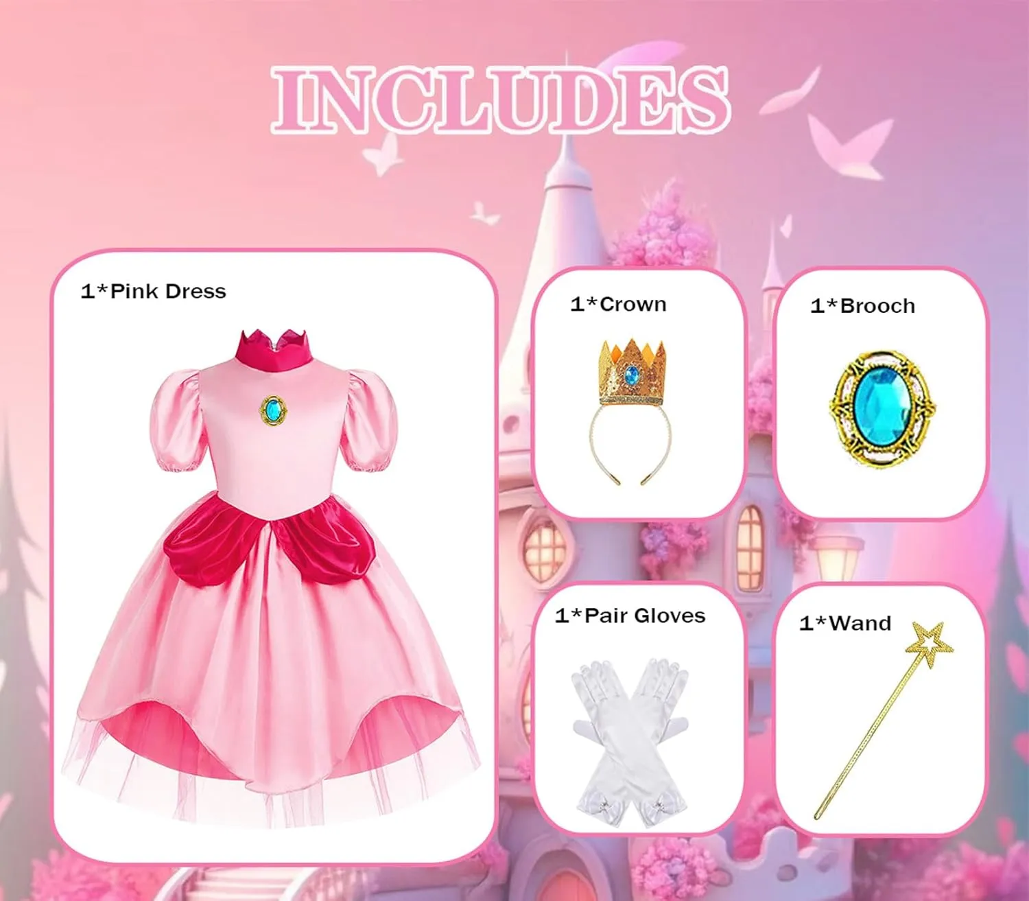 AmzMach Princess Peach Costume for Girls Classic Pink Dress Cosplay Halloween Party Dress Up Kids Birthday Outfit 3-12 Years