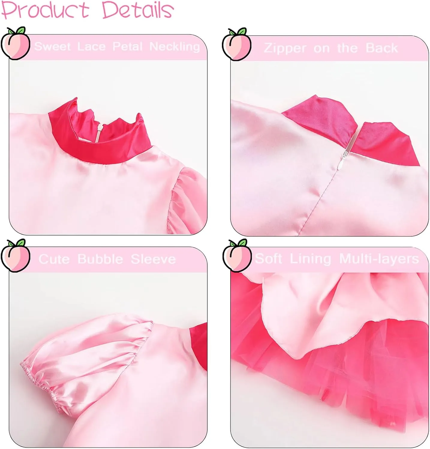 AmzMach Princess Peach Costume for Girls Classic Pink Dress Cosplay Halloween Party Dress Up Kids Birthday Outfit 3-12 Years