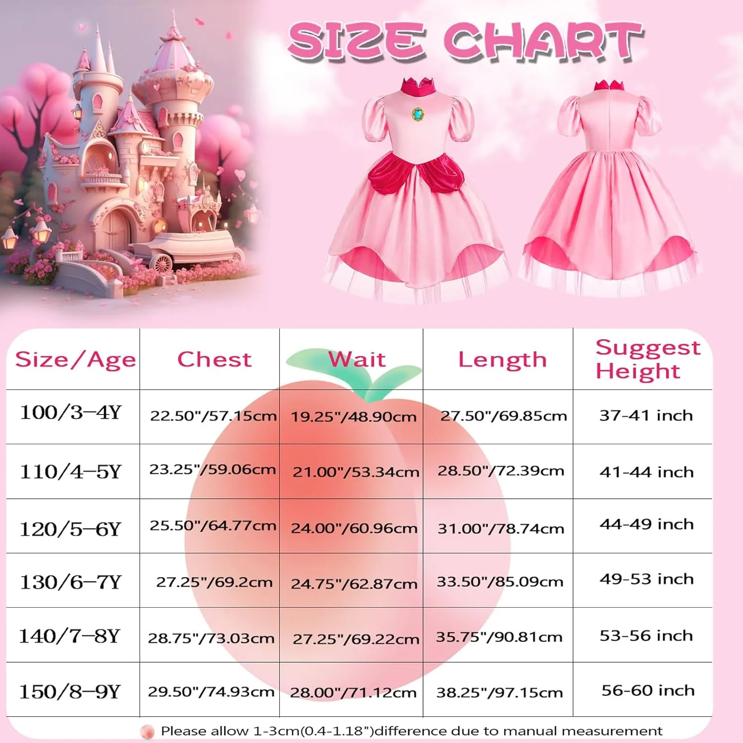 AmzMach Princess Peach Costume for Girls Classic Pink Dress Cosplay Halloween Party Dress Up Kids Birthday Outfit 3-12 Years