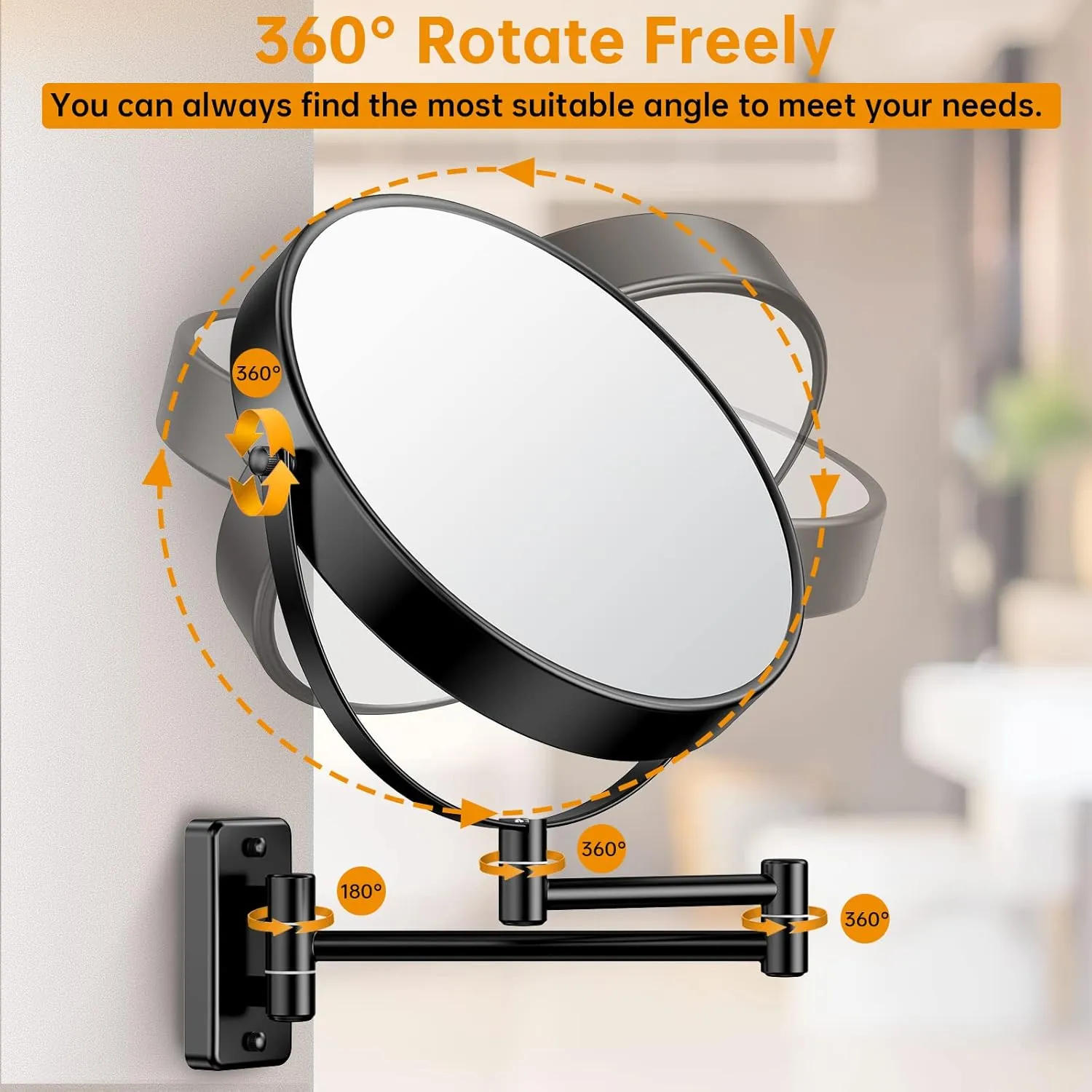 Anfauny 9 Inch Wall Mounted Makeup Mirror with 1X/10X Magnification, Vanity with 360° Swivel and Extendable Arm, Foldable Shaving Cosmetic for Bathroom-Black