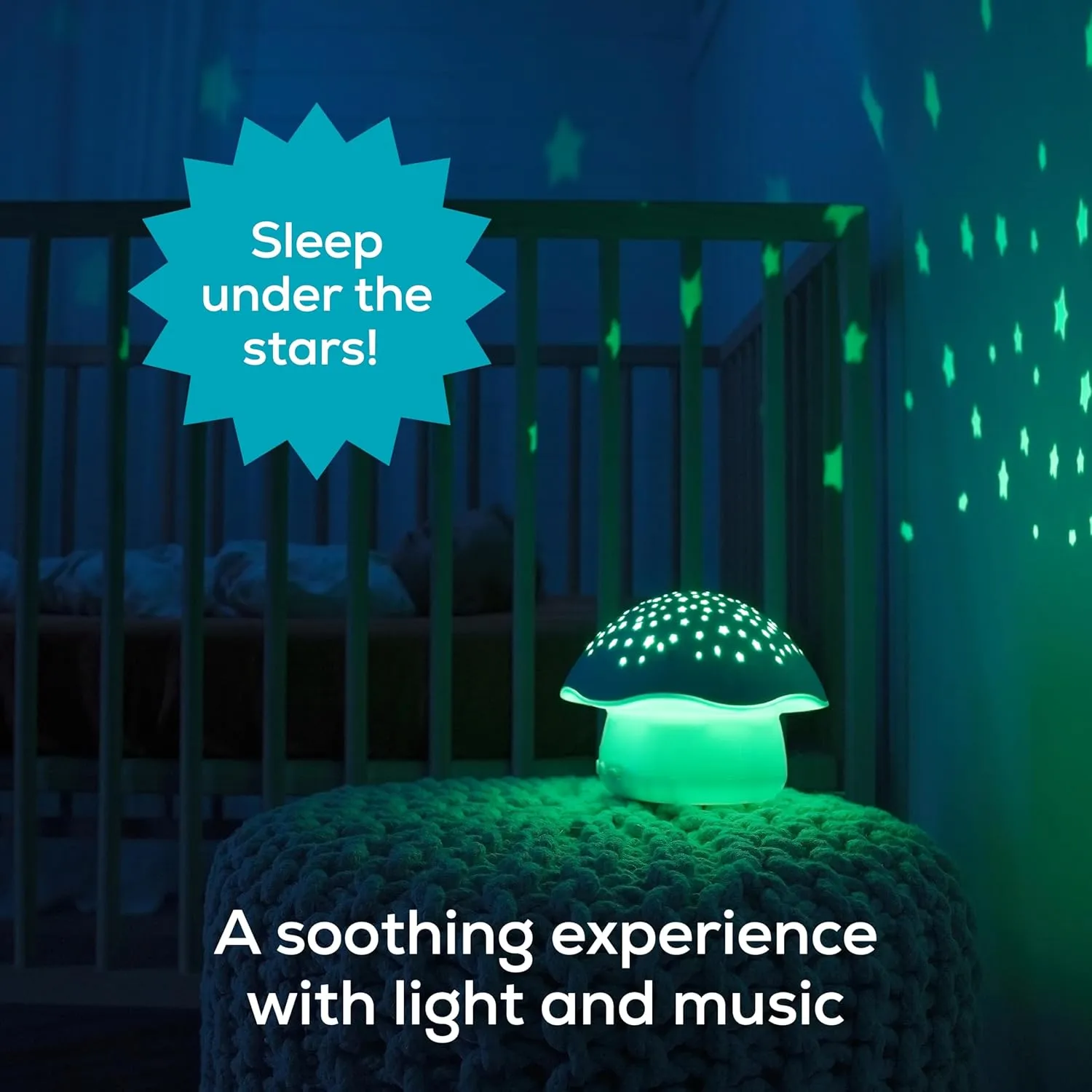 Angelcare Celeste Musical Mushroom Night Light Baby Projector - Sleep Soother with Adjustable Volume Lullabies, White Noises, 3 Night Light Colors, and Cry Sensor Detector