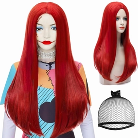 ANOGOL Wig Cap  Sally Long Red Straight Middlepart Cosplay Wig for Women Girls - Costume Party for Anime Cartoon, Nightmare Christmas, Halloween