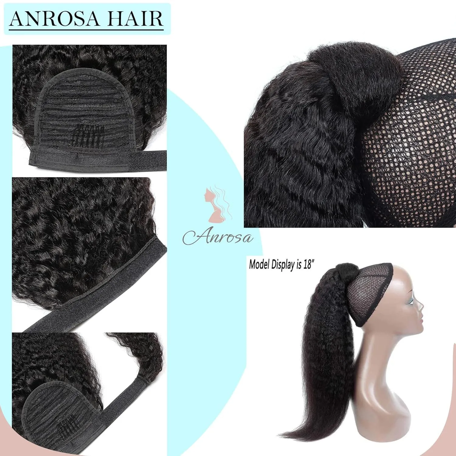 Anrosa Human Hair Ponytail Extension Wrap Around Natural Kinky Yaki Magic Paste 20Inch Ponytail for Black Women Long Kinky Straight Ponytail Extensions Thick End Natural Black #1B 100g