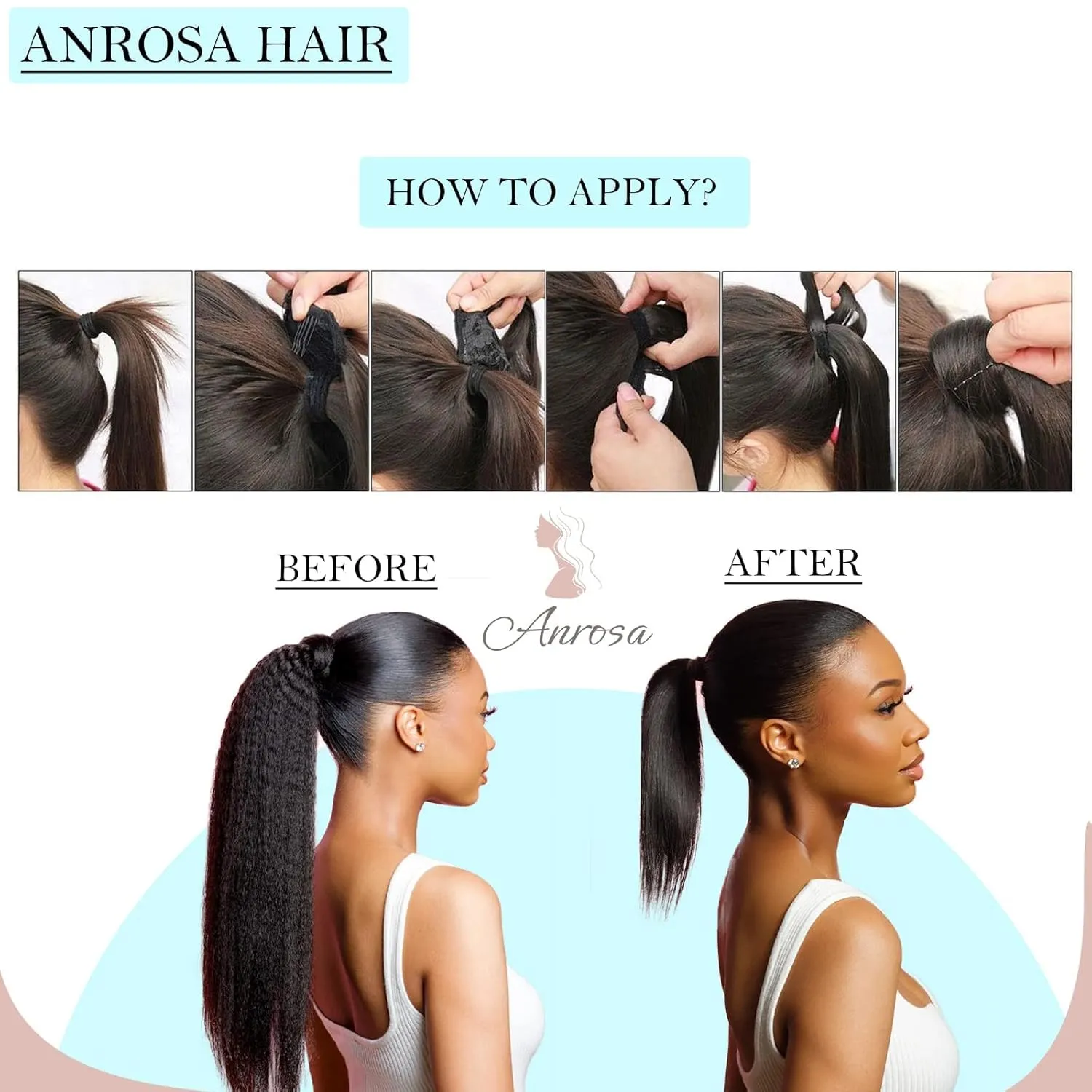 Anrosa Human Hair Ponytail Extension Wrap Around Natural Kinky Yaki Magic Paste 20Inch Ponytail for Black Women Long Kinky Straight Ponytail Extensions Thick End Natural Black #1B 100g