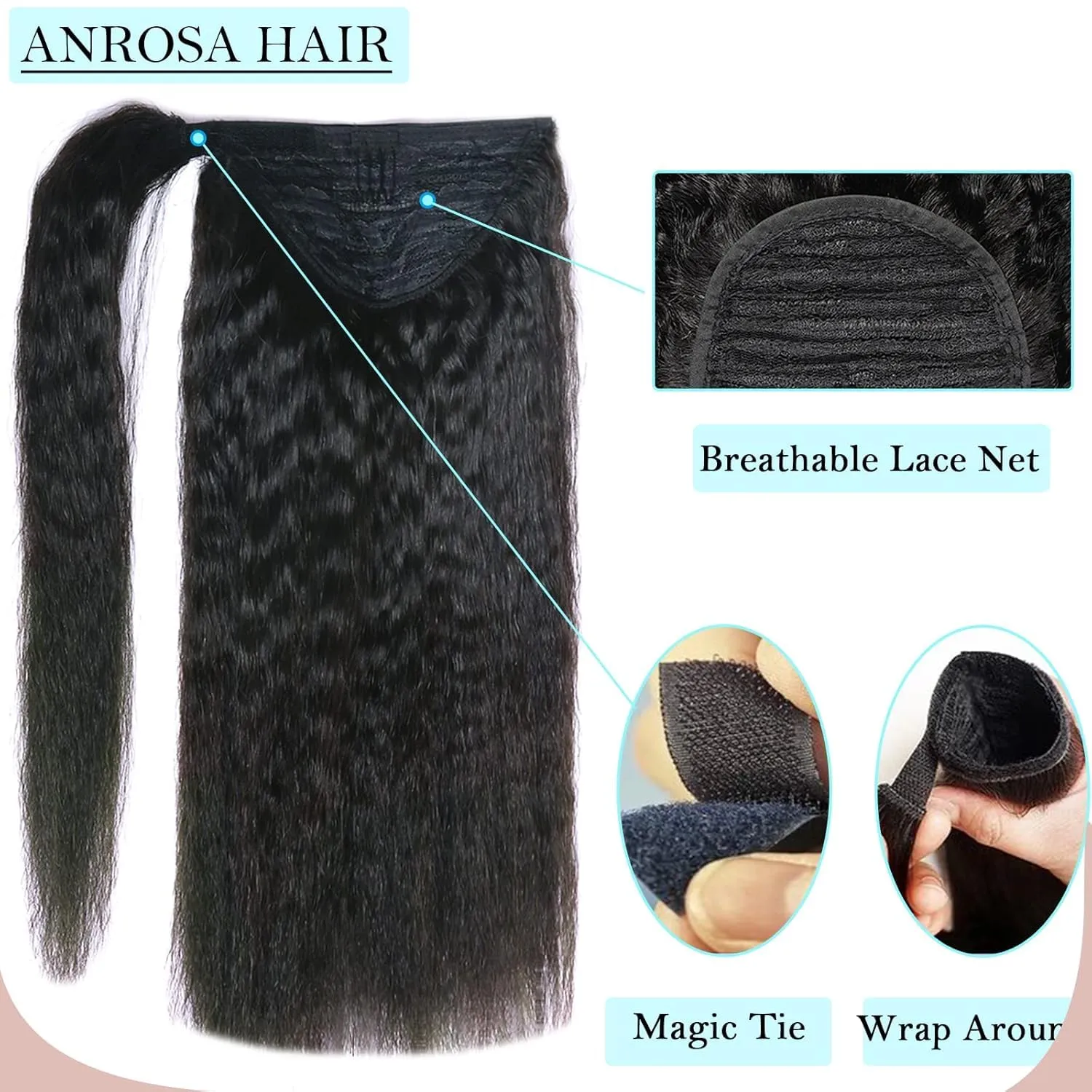 Anrosa Human Hair Ponytail Extension Wrap Around Natural Kinky Yaki Magic Paste 20Inch Ponytail for Black Women Long Kinky Straight Ponytail Extensions Thick End Natural Black #1B 100g