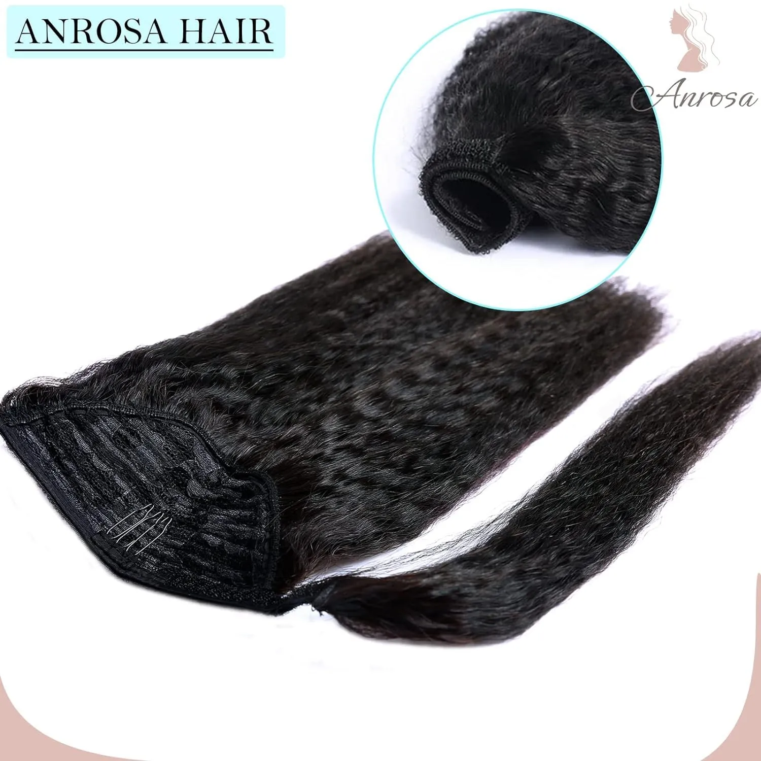 Anrosa Human Hair Ponytail Extension Wrap Around Natural Kinky Yaki Magic Paste 20Inch Ponytail for Black Women Long Kinky Straight Ponytail Extensions Thick End Natural Black #1B 100g