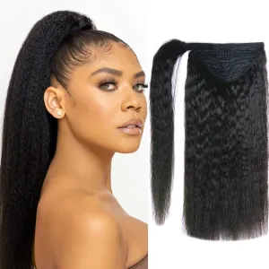 Anrosa Human Hair Ponytail Extension Wrap Around Natural Kinky Yaki Magic Paste 20Inch Ponytail for Black Women Long Kinky Straight Ponytail Extensions Thick End Natural Black #1B 100g