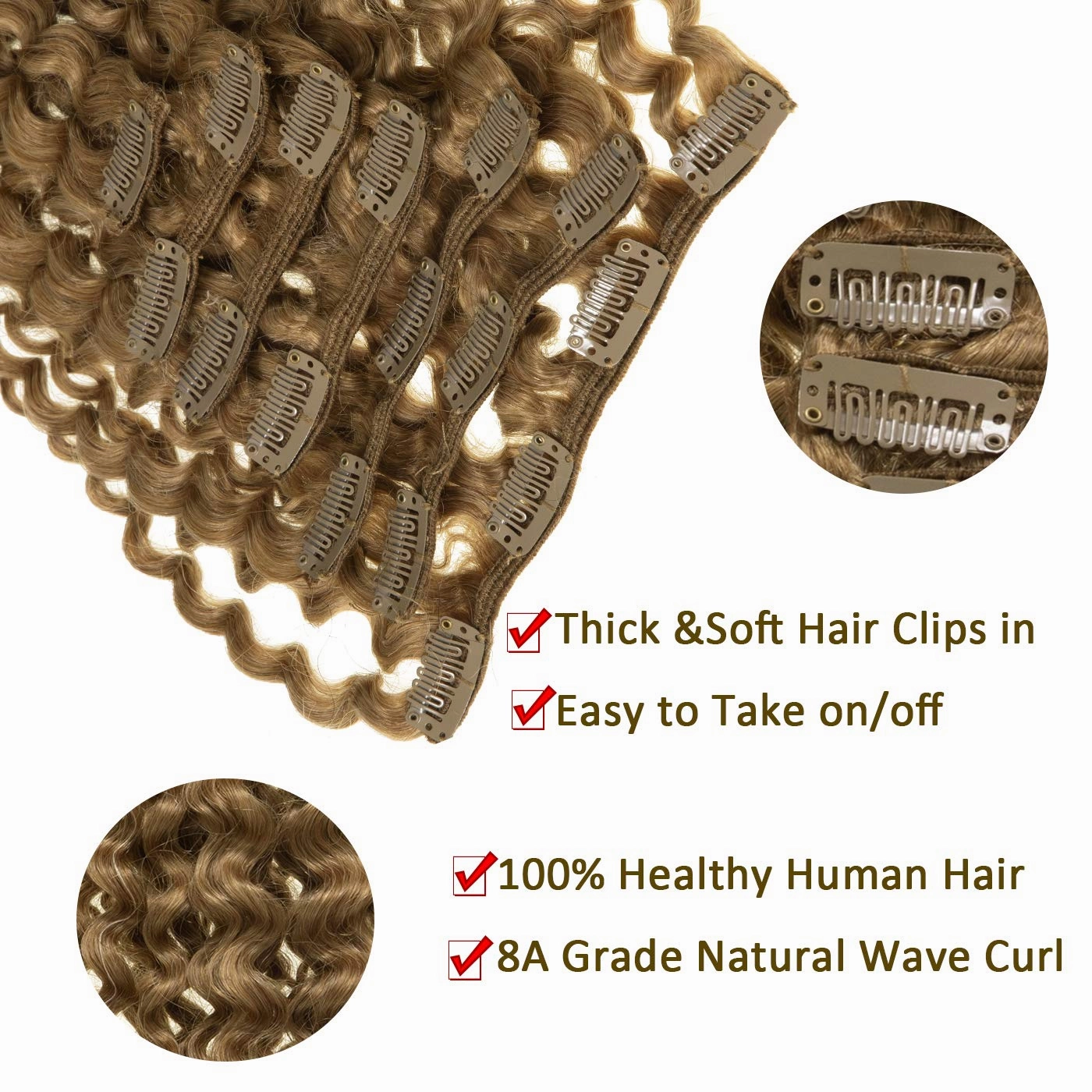 Anrosa Curly Clip in Human Hair Extensions 14inch 3B 3C Real Remy Human Hair Extensions Clip Ins Strawberry Blonde Natural Hair Curly Clip in Extensions #27 120g 7pcs