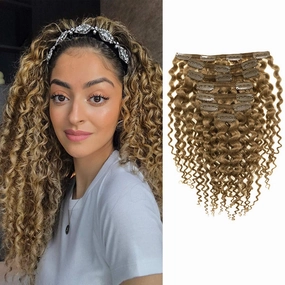 Anrosa Curly Clip in Human Hair Extensions 14inch 3B 3C Real Remy Human Hair Extensions Clip Ins Strawberry Blonde Natural Hair Curly Clip in Extensions #27 120g 7pcs