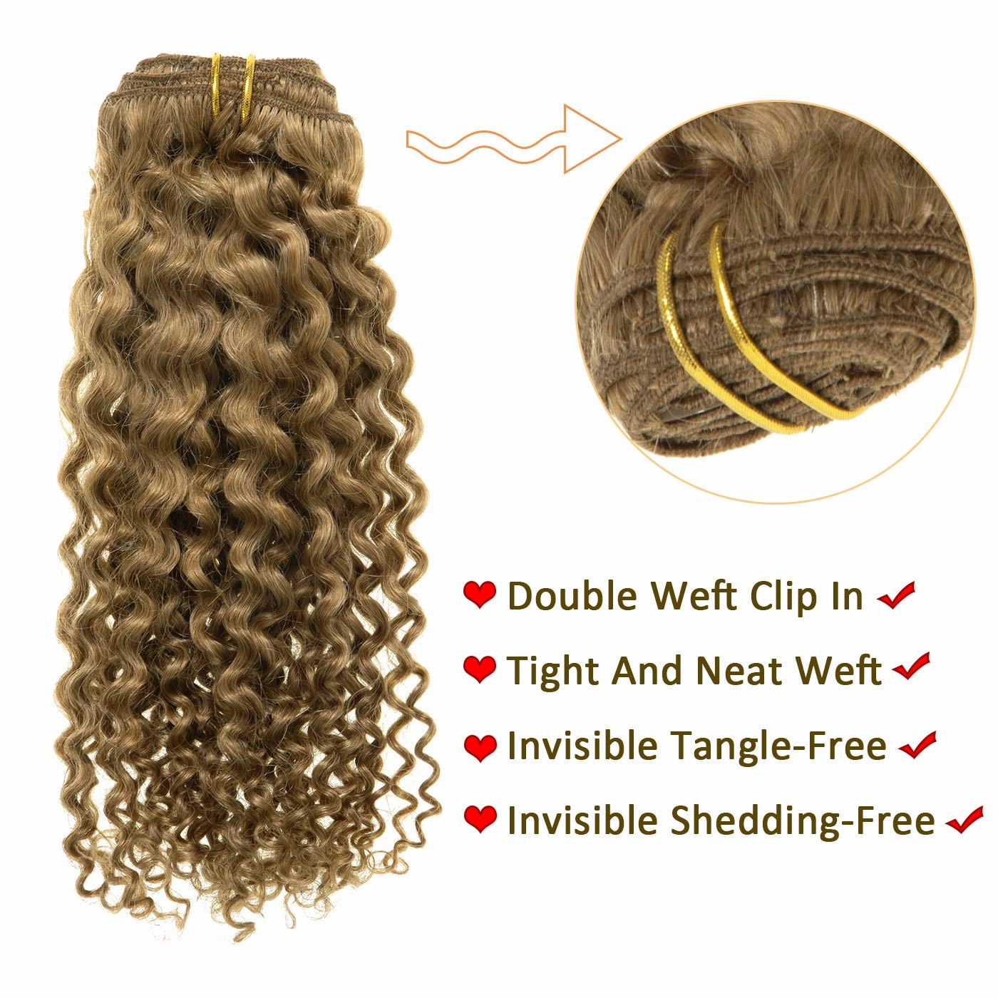 Anrosa Curly Clip in Human Hair Extensions 14inch 3B 3C Real Remy Human Hair Extensions Clip Ins Strawberry Blonde Natural Hair Curly Clip in Extensions #27 120g 7pcs