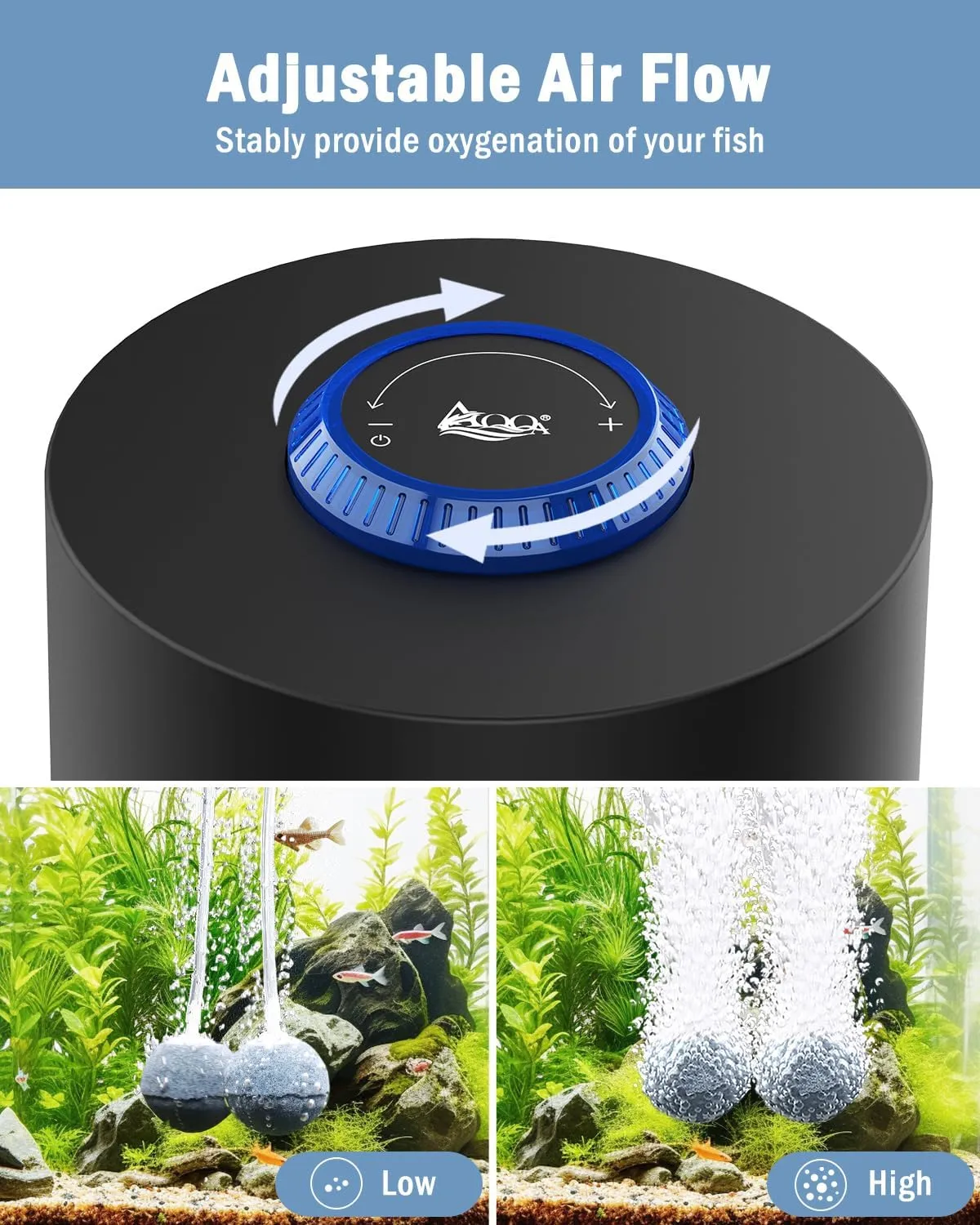 AQQA Aquarium Air Pump, Ultra-Quiet Powerful Fish Tank Air Pump 3W/6W/10W with Stainess Steel Dual Outlet, Adjustable Oxygen Aerator Pump with Air Stone Bubbler for Fish Tank Up to 200 Gallon (6W)