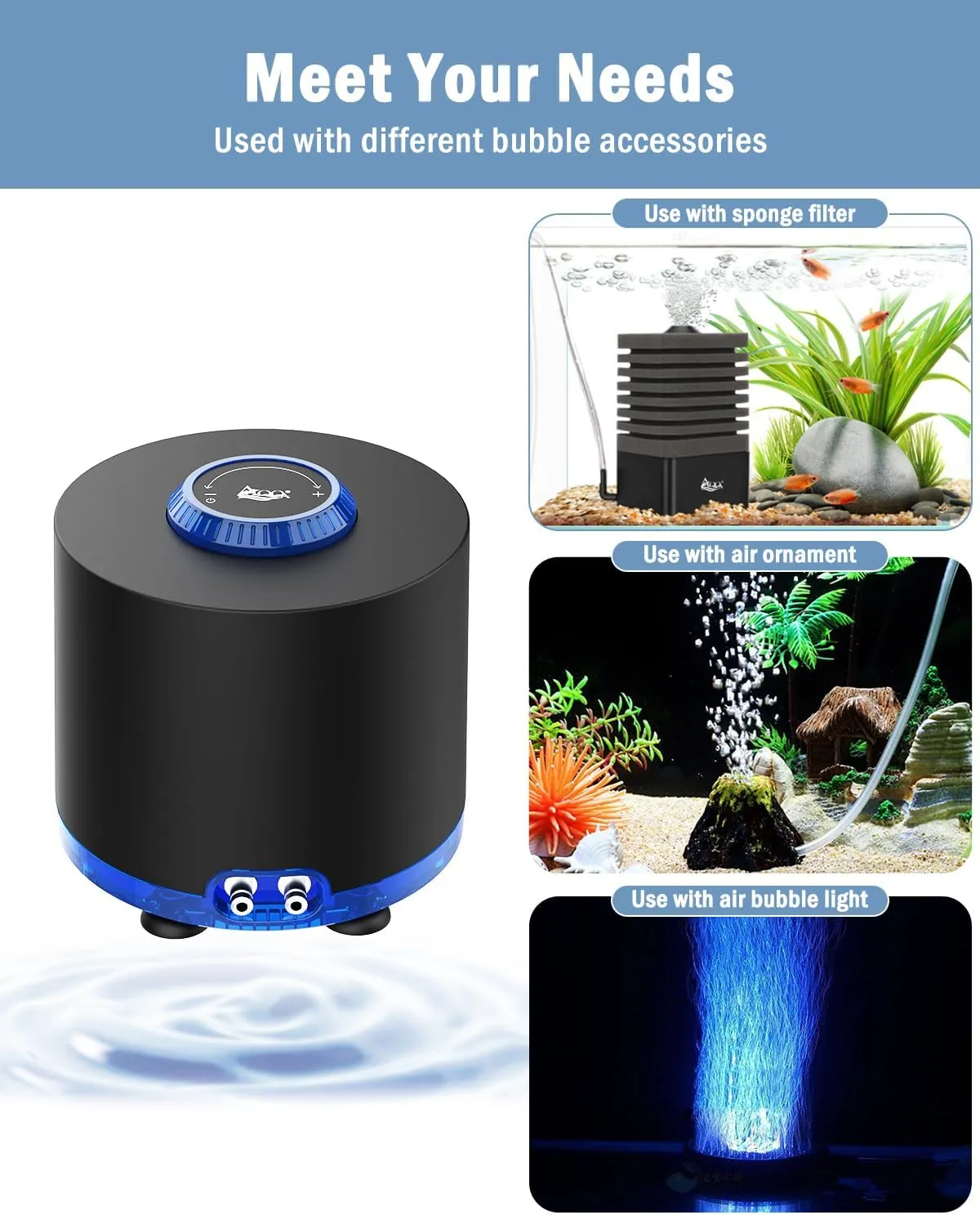 AQQA Aquarium Air Pump, Ultra-Quiet Powerful Fish Tank Air Pump 3W/6W/10W with Stainess Steel Dual Outlet, Adjustable Oxygen Aerator Pump with Air Stone Bubbler for Fish Tank Up to 200 Gallon (6W)