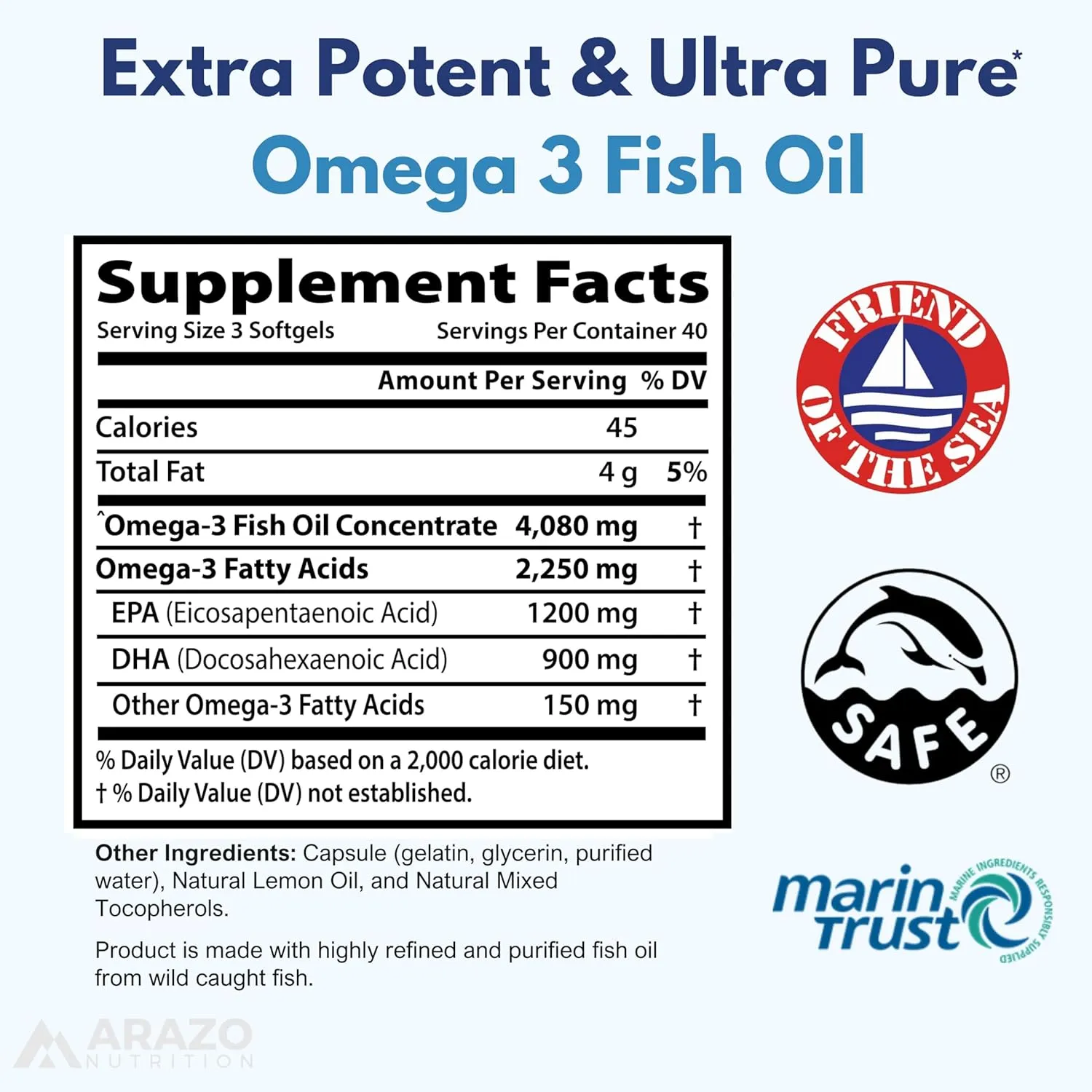 Arazo Nutrition Wild Caught Omega 3 Fish Oil – 120 Soft Gels – 4,080mg High EPA 1200mg DHA 900mg Lemon Flavor Burpless Softgels