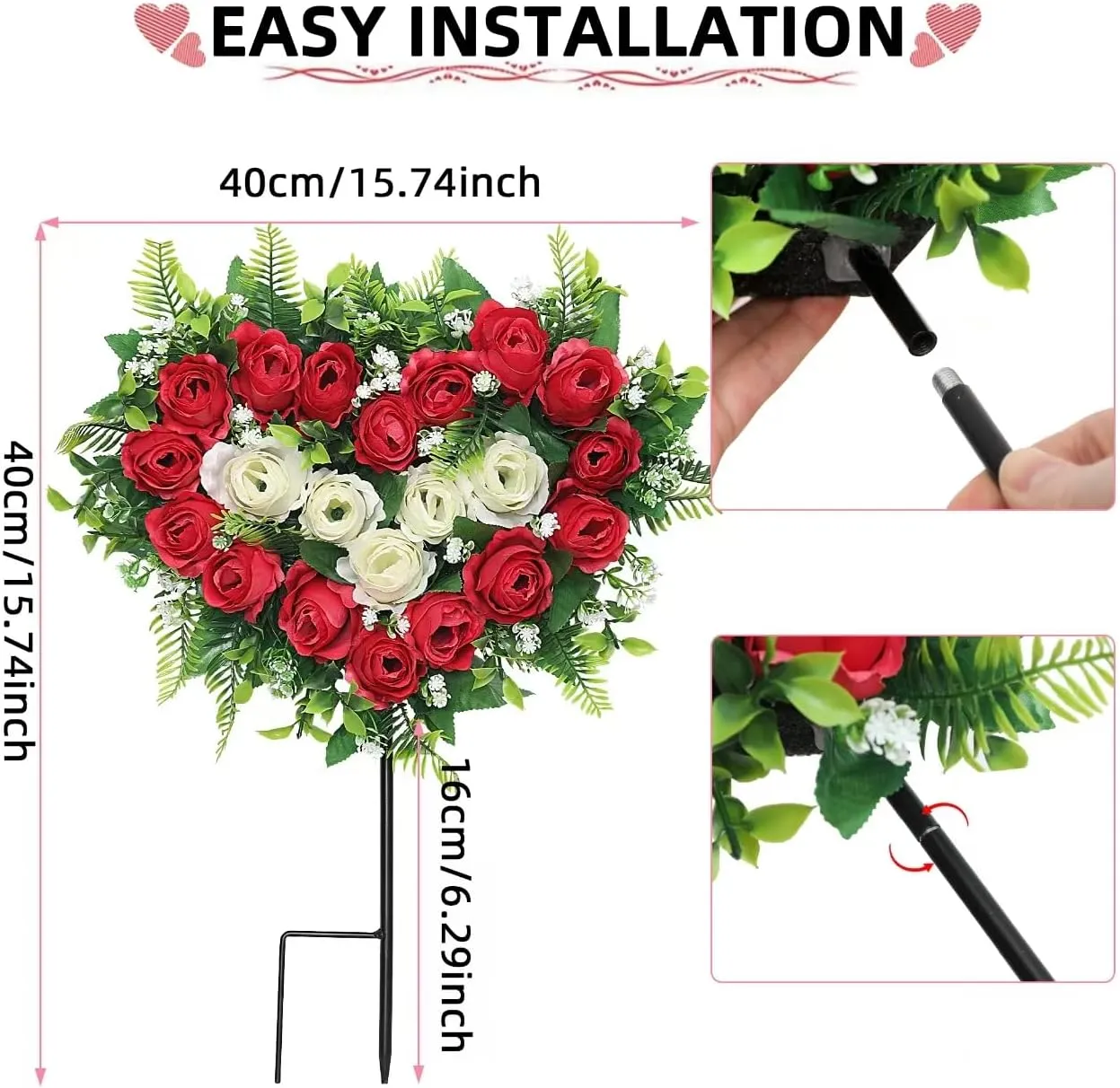Artificial Cemetery Flowers Wedding Flowers Silk Flowers Artificial Roses Heart Bouquet with Long Spike for Ourdoor Grave Wedding Party Decoration (Red White)