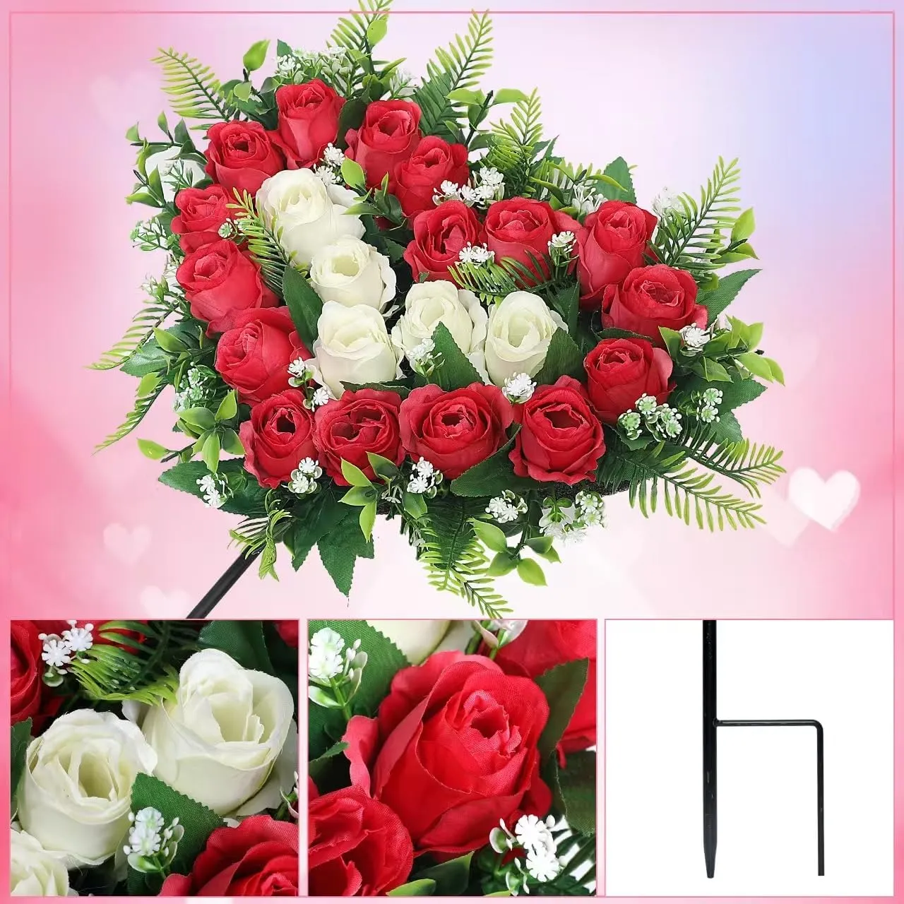 Artificial Cemetery Flowers Wedding Flowers Silk Flowers Artificial Roses Heart Bouquet with Long Spike for Ourdoor Grave Wedding Party Decoration (Red White)
