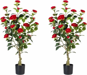 Artificial Camellia Tree 2 Pack, 3FT Faux Camellia Plant in Pot, 36 inch Fake Potted Camellia Flower Tree Plastic Camellia Tree for Modern Home Office Living Room Floor Decor Indoor, Red