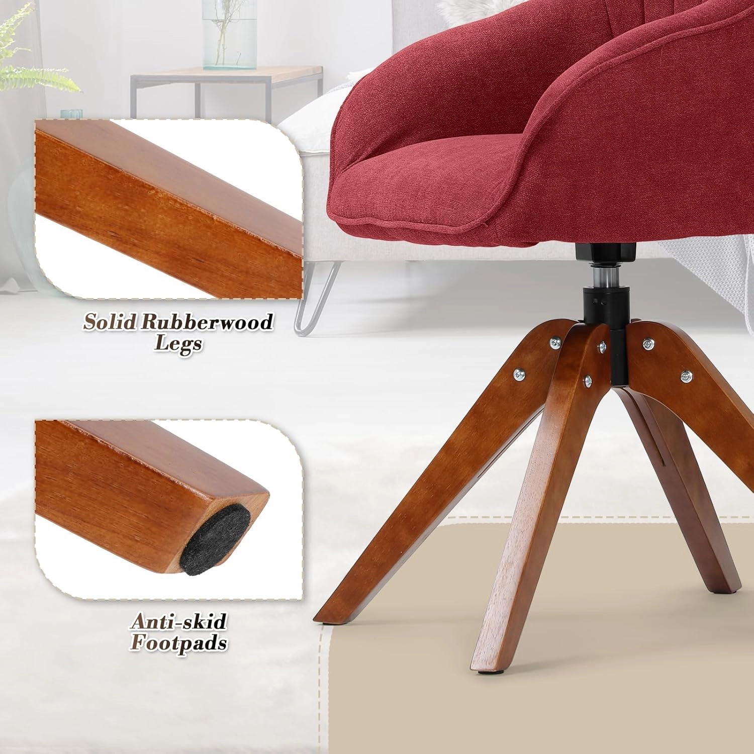 Athena Collection Modern Accent Chair, Comfy Swivel Reading Chair for Adults, Soft Upholstered Fabric Armchair with Wooden Legs for Living Room, Bedroom, Dorm, Office, Red
