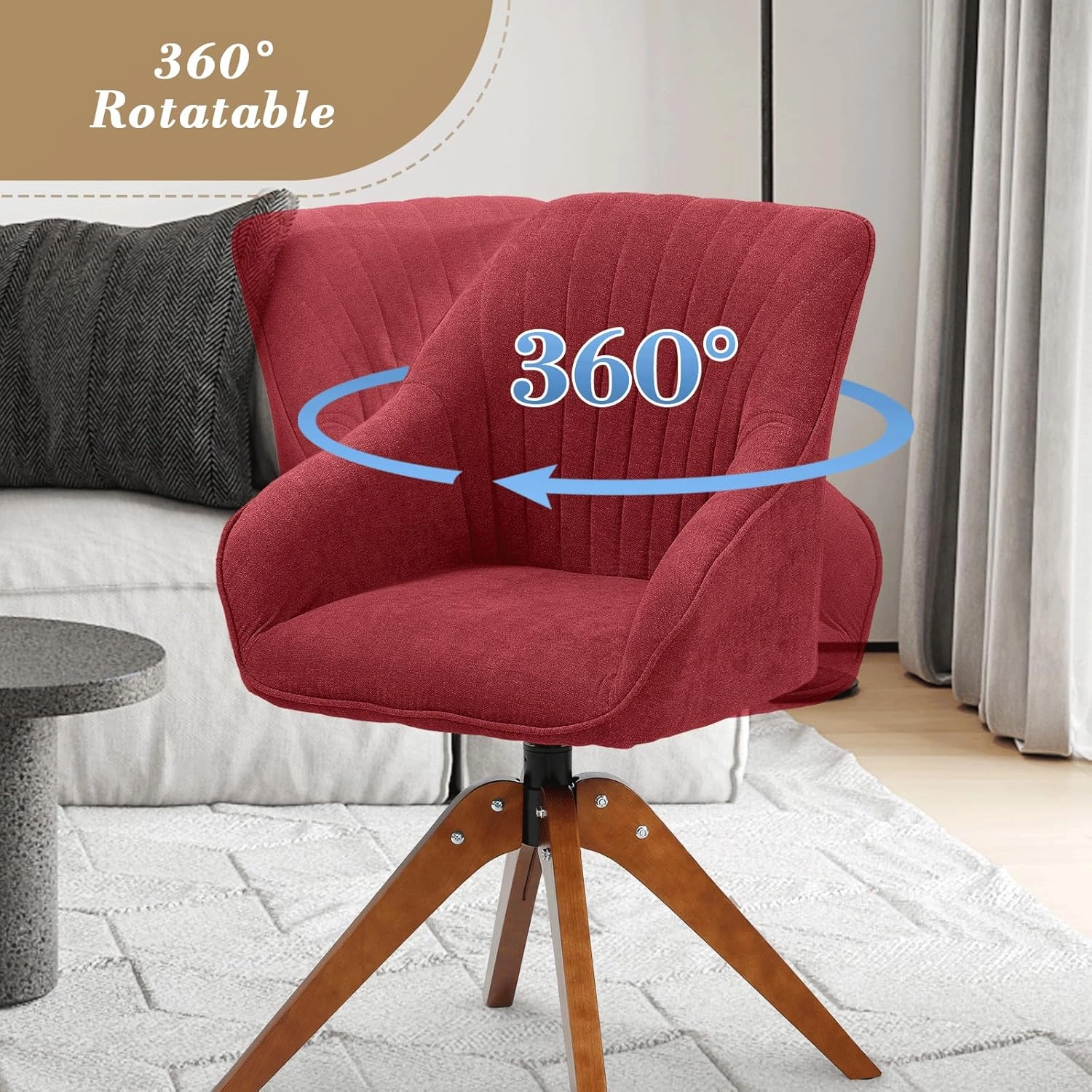 Athena Collection Modern Accent Chair, Comfy Swivel Reading Chair for Adults, Soft Upholstered Fabric Armchair with Wooden Legs for Living Room, Bedroom, Dorm, Office, Red