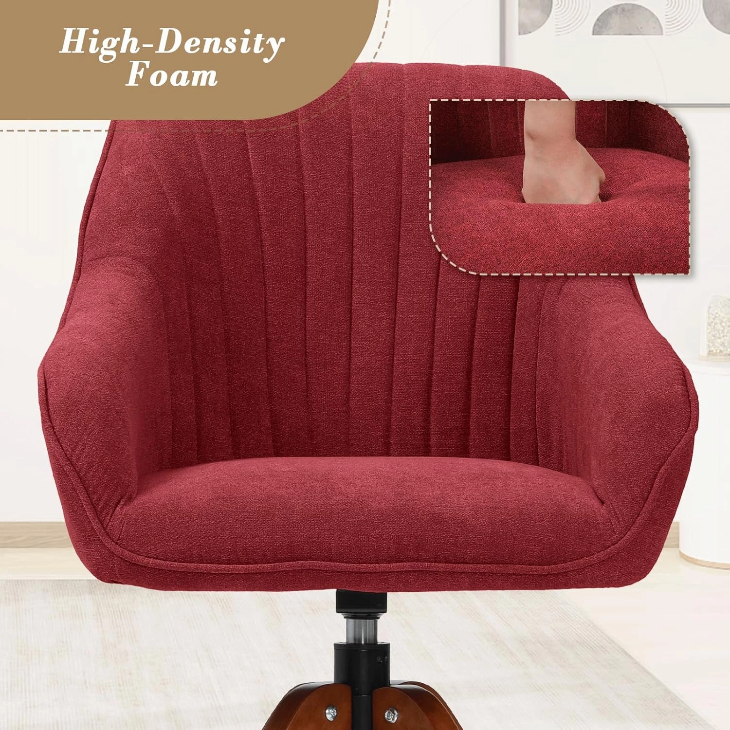 Athena Collection Modern Accent Chair, Comfy Swivel Reading Chair for Adults, Soft Upholstered Fabric Armchair with Wooden Legs for Living Room, Bedroom, Dorm, Office, Red