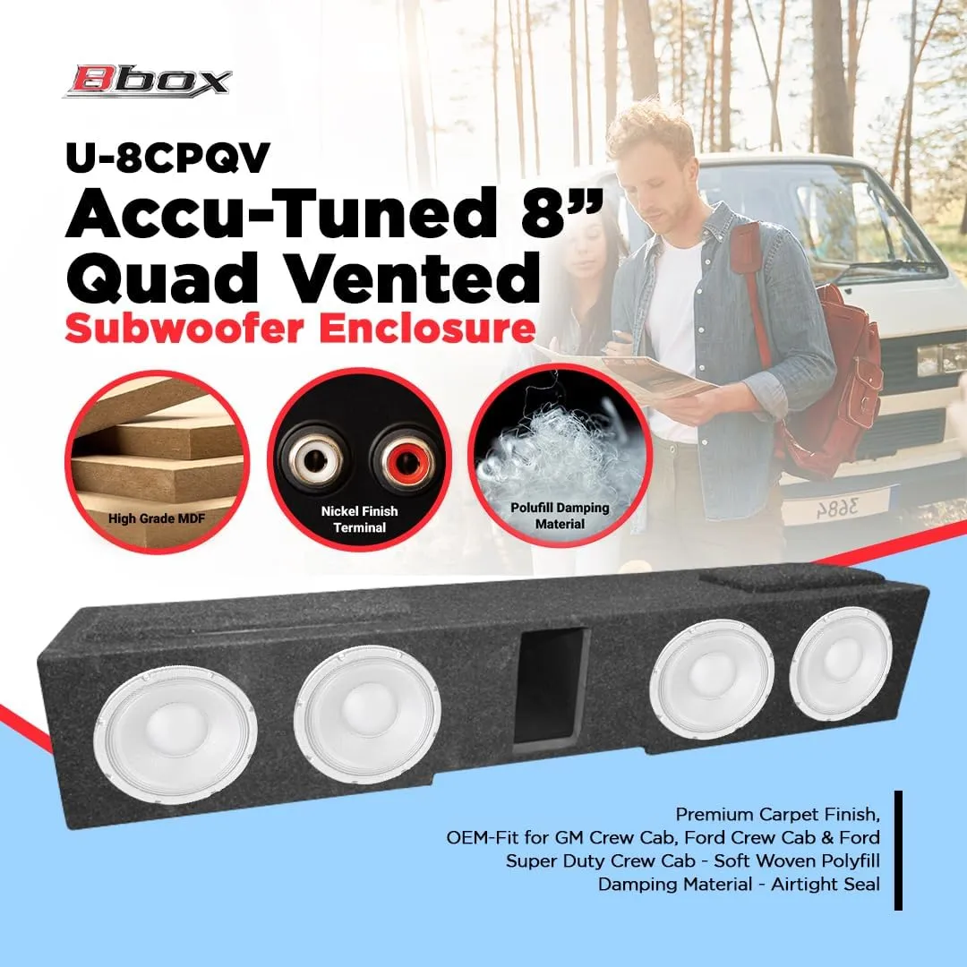 Atrend Accu-Tuned 8' Quad Vented Subwoofer Enclosure - Premium Carpet Finish, OEM-Fit for GM & Ford Crew Cab Trucks - Soft Woven Polyfill Damping Material - Airtight Seal