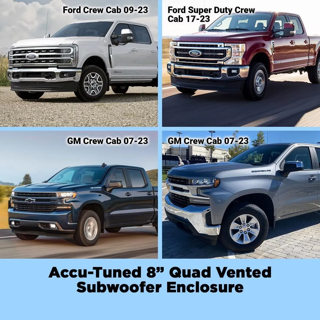 Atrend Accu-Tuned 8' Quad Vented Subwoofer Enclosure - Premium Carpet Finish, OEM-Fit for GM & Ford Crew Cab Trucks - Soft Woven Polyfill Damping Material - Airtight Seal