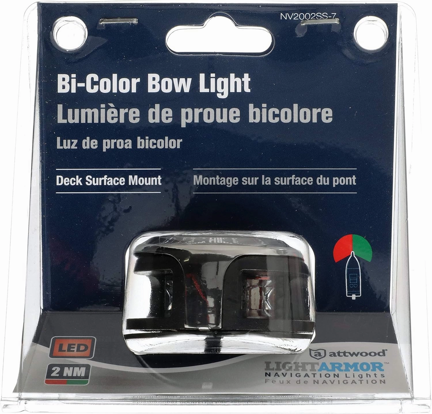 Attwood NV2002SS-7 LightArmor 2-Mile Navigation Lights, Deck Mount, Round, Bi-Color, LED Lighting, Stainless Housing