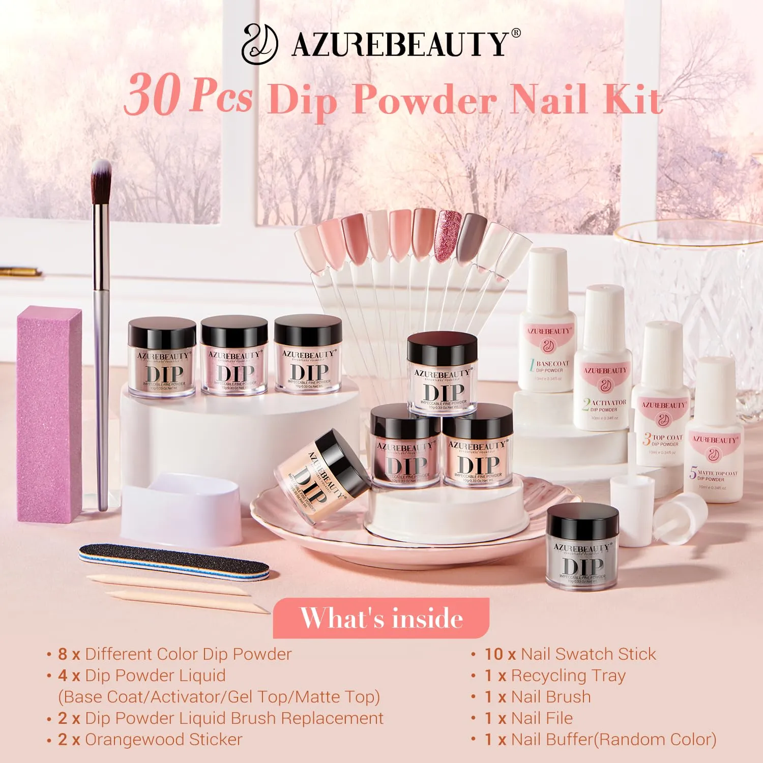 AZUREBEAUTY 30Pcs Dip Powder Nail Kit Starter with Nail Sticks, Translucent Jelly Nude Pink Gary 8 Colors Dipping Liquid Set Added Matte Top Coat Recycling Tray for Manicure Salon DIY Home
