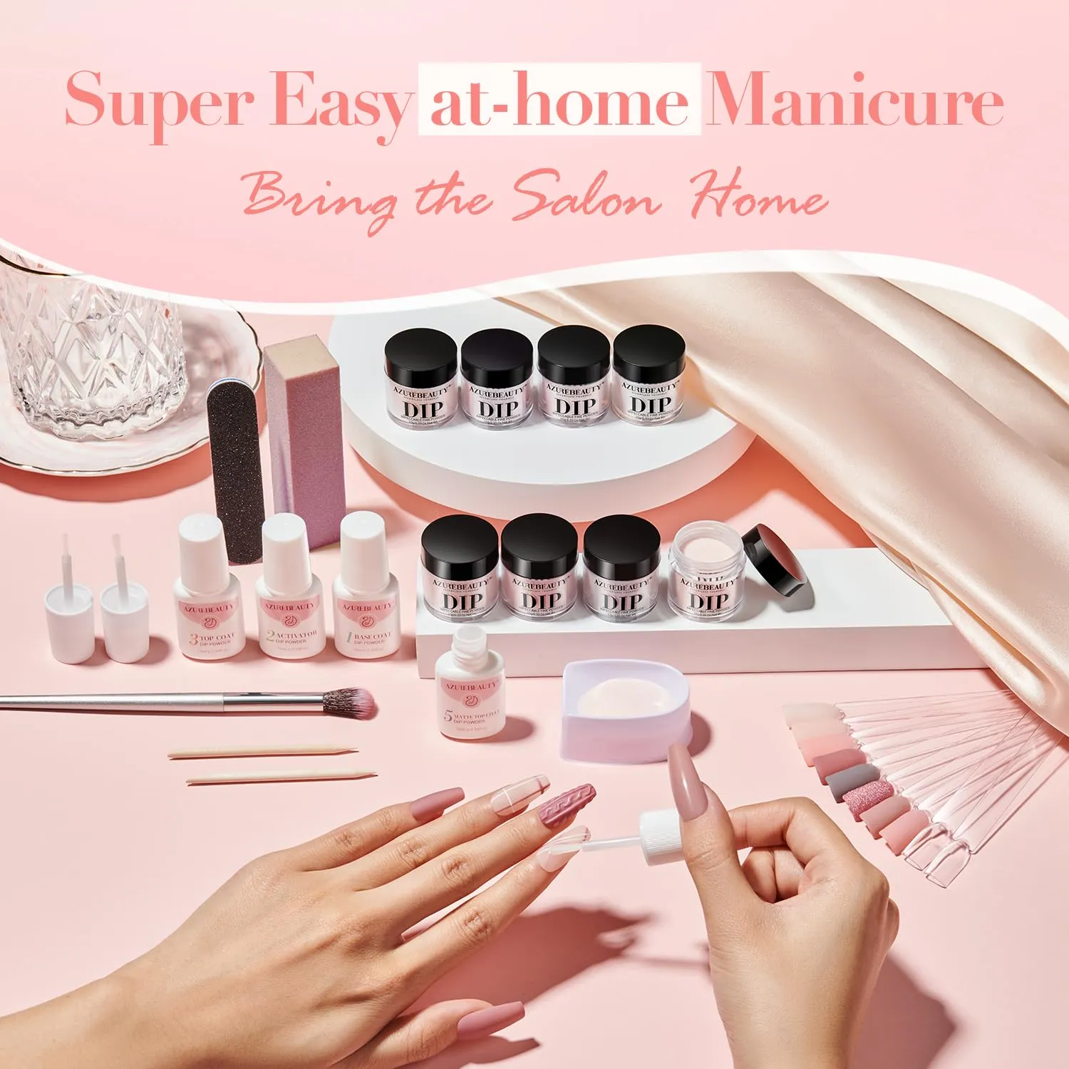 AZUREBEAUTY 30Pcs Dip Powder Nail Kit Starter with Nail Sticks, Translucent Jelly Nude Pink Gary 8 Colors Dipping Liquid Set Added Matte Top Coat Recycling Tray for Manicure Salon DIY Home
