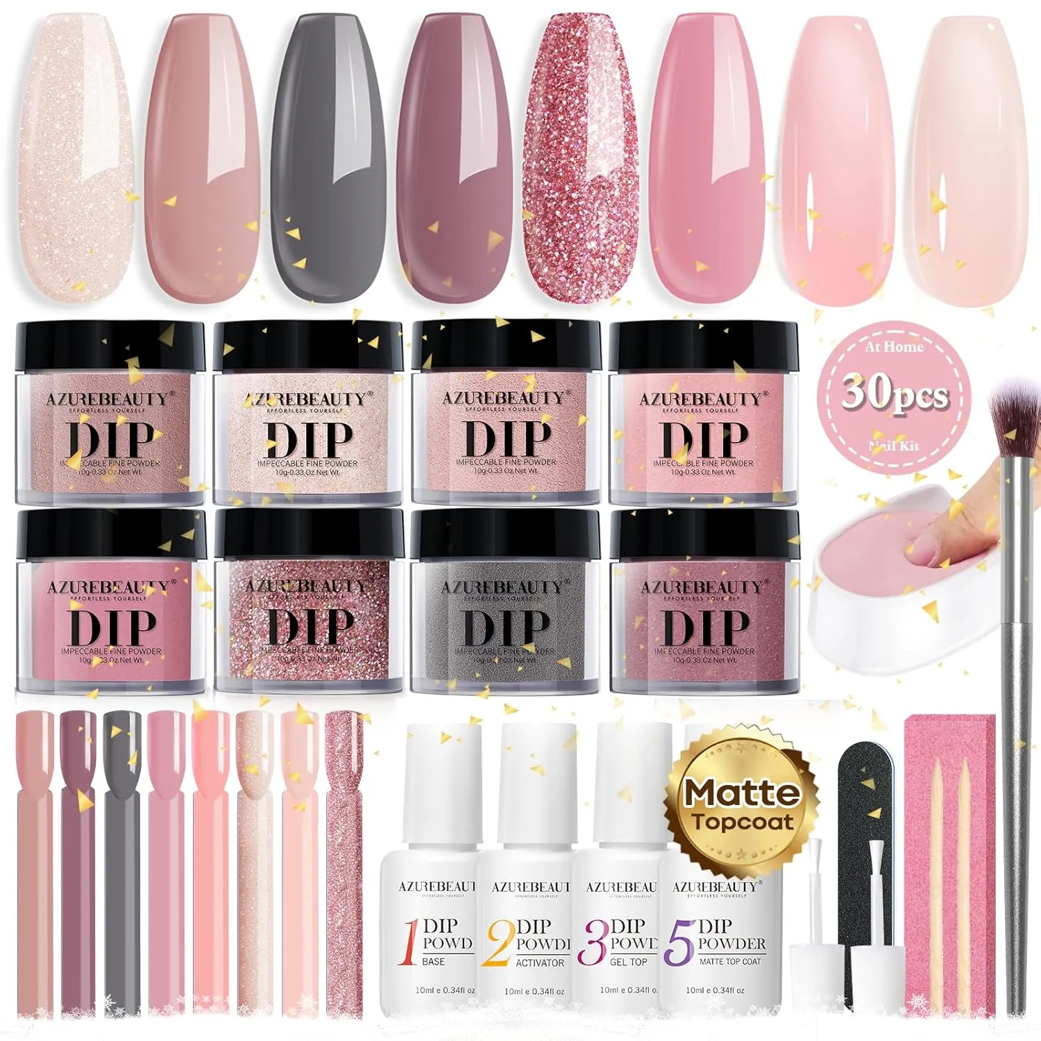 AZUREBEAUTY 30Pcs Dip Powder Nail Kit Starter with Nail Sticks, Translucent Jelly Nude Pink Gary 8 Colors Dipping Liquid Set Added Matte Top Coat Recycling Tray for Manicure Salon DIY Home